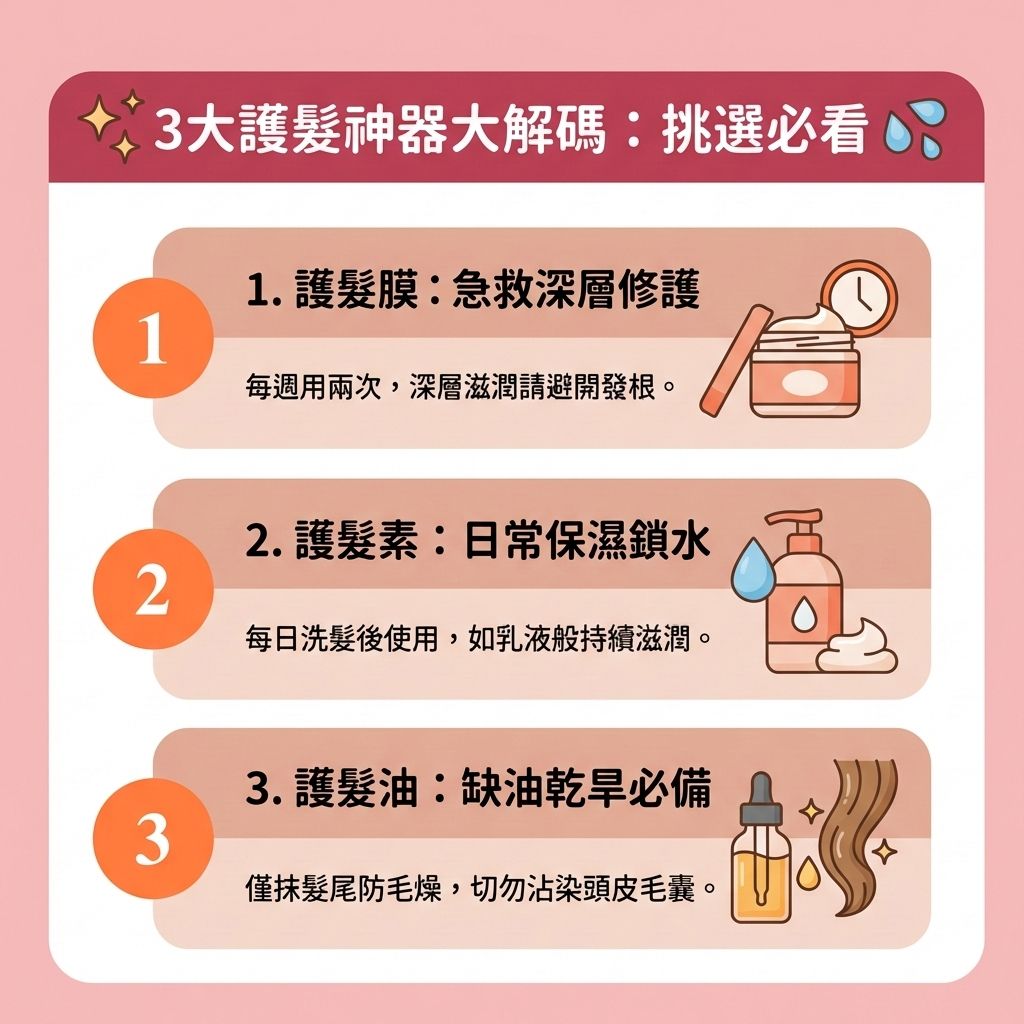 這是一張 1:1 正方形的可愛扁平化向量資訊圖表，採用台灣健康部落格風格，教導大家正確的【日常頭皮護理】與護髮知識。圖表詳細比較了【髮膜】、【護髮素】與【髮尾油】的功效。

正確的護理能【改善頭髮乾燥】並【補充頭髮營養】（如【角蛋白】、【蛋白質】與【胺基酸】），從而【修復受損髮絲】與【減少頭髮折斷】。 洗髮時應搭配合適的【洗頭水】或【防脫髮洗頭水】，做到【溫和清潔頭皮】與【深層清潔頭皮】，以洗去多餘的【頭皮屑】並維持正常的【頭皮油脂分泌】。這有助於保護【角質層】與【皮脂腺】，【解決毛孔堵塞】並【改善頭皮環境】。

圖中特別提醒，護髮產品若誤觸【頭皮】，會堵塞【毛囊】，引發發炎甚至加劇【脫髮】。若因【荷爾蒙】失調或體內【雙氫睪酮】過高引發【雄性禿】，這類基礎保養便不足夠。此時需要【舒緩頭皮敏感】，透過按摩促進【血液循環】，並採取積極的【預防脫髮方法】，如搭配使用【生髮水】來【強健脆弱髮根】、【減少掉髮數量】、【延長生長週期】及【促進頭髮生長】。若想進一步【激活休眠毛囊】與【改善頭髮稀疏】，圖表底部建議可尋求【生髮療程】、【專業生髮療程】甚至【植髮】，全方位守護健康秀髮。