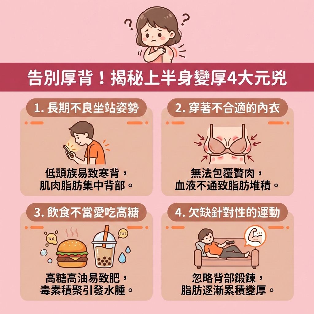 這是一張台灣健康部落格風格的正方形醫美資訊圖表，教你如何告別虎背熊腰。圖中女孩正為了厚實的背部脂肪與難看的富貴包感到苦惱。因為長期當低頭族導致圓肩與駝背，這不僅引發體態問題，更需要及早改善不良姿勢與矯正圓肩駝背來改善肩頸酸痛。

若平時缺乏帶氧運動與伸展運動來鍛鍊背部肌肉（特別是背闊肌與核心肌群周邊的肩胛骨），容易造成脂肪細胞堆積。專業營養師建議透過運動增加肌肉量，並改善飲食以減少脂肪積聚、提升基礎代謝與新陳代謝（提高基礎代謝率），同時消耗多餘熱量。

穿錯內衣會阻礙血液循環與淋巴系統運作，必須促進血液循環並疏通淋巴排毒。為了有效減背部脂肪與消除背部贅肉，進而消除富貴包與改善虎背熊腰，建議尋求專業醫學美容的協助。圖表下方推薦香港完美醫療的局部減脂療程與醫美定位修形方案，不論是溶脂針、抽脂手術或是無痛溶脂減肥，都能為您量身打造專屬瘦身方案，有效塑造背部線條與緊緻背部皮膚，重拾迷人美背！