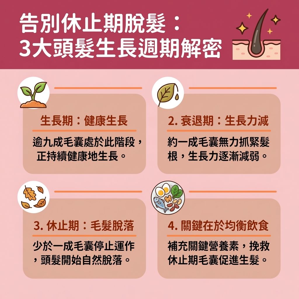 這是一張台灣健康部落格風格的 1:1 正方形資訊圖表，詳細圖解了頭髮生長週期，並解答「吃什麼生髮最快」的疑問。圖表指出要對抗脫髮，必須建立良好的頭皮健康飲食習慣以保護頭皮與毛囊。當面對解決掉髮缺乏營養的問題時，這份防脫髮食療大全與增加髮量食物推薦能提供極大幫助。

圖中列出了多種改善頭髮稀疏飲食與促進頭髮生長營養。例如，補充蛋白質防掉髮非常關鍵，建議進食雞蛋與瘦肉；而三文魚富含的脂肪酸及膠原蛋白則展現了極佳的膠原蛋白生髮作用。為了達致食物補充角蛋白與攝取足夠的角蛋白，我們需要豐富的營養素。此外，圖表亦強調了鐵質吸收防脫髮，建議多吃菠菜來補充鐵質與維他命；同時要注意堅果生髮食用份量，適量吃堅果攝取鋅，並透過補充生物素生髮的原理來攝取生物素與蛋白質。

針對中醫調理，圖表涵蓋了補血養髮中醫食療與產後生髮飲食調理，例如介紹黑芝麻生髮功效及預防白髮變黑食物（如黑芝麻與黑豆），以促進血液循環。這些強化髮根食物名單與增加頭髮厚度食譜，是絕佳的改善毛囊萎縮食物，能全方位幫助您重拾豐盈秀髮！