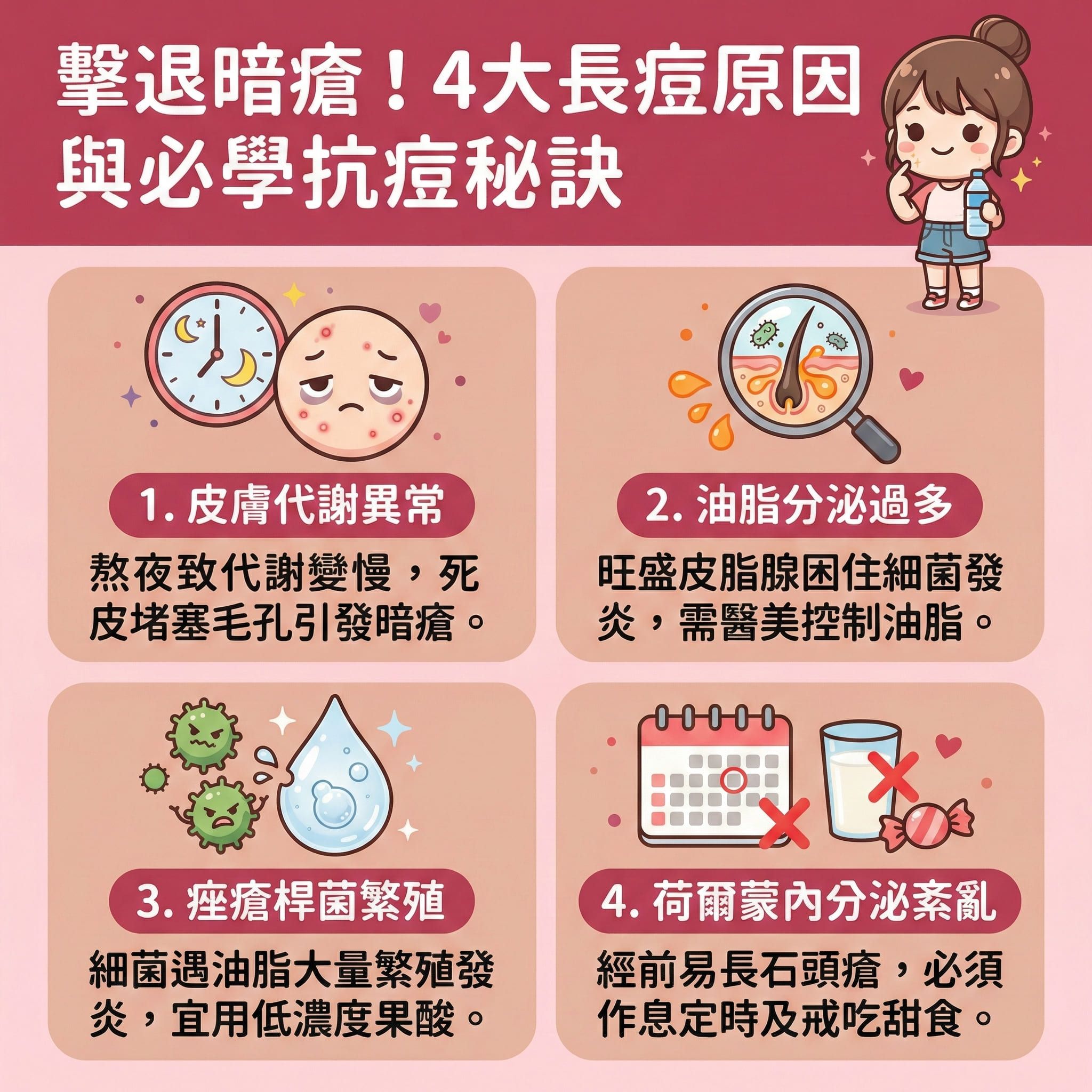 這是一張正方形扁平化的醫美資訊圖表，教導大家正確護膚以擊退暗瘡與青春痘。圖表指出四大成因：當調理內分泌失衡時，皮脂腺會分泌過剩油脂。若未能溫和潔面與深層清潔，角質層增厚會堵塞毛囊，形成黑頭與粉刺。此時痤瘡桿菌大量繁殖，容易引發嚴重的石頭瘡。

日常護理建議使用含水楊酸、果酸或茶樹油的產品來軟化角質、去除老廢角質並疏通毛孔，達致消炎殺菌、鎮靜肌膚與舒緩紅腫。嚴重者應尋求皮膚科醫生協助，或需處方外用Ａ酸與抗生素來抑制油脂分泌。

為了修復皮膚屏障與改善粗糙膚質，圖表推薦結合激光治療來促進新陳代謝、收細毛孔並刺激膠原增生。最後，強烈建議體驗完美醫療的專業暗瘡分手療程，療程能無痛清痘、淡化色素，有效預防暗瘡印與凹凸洞，真正做到預防留疤與長效預防復發。