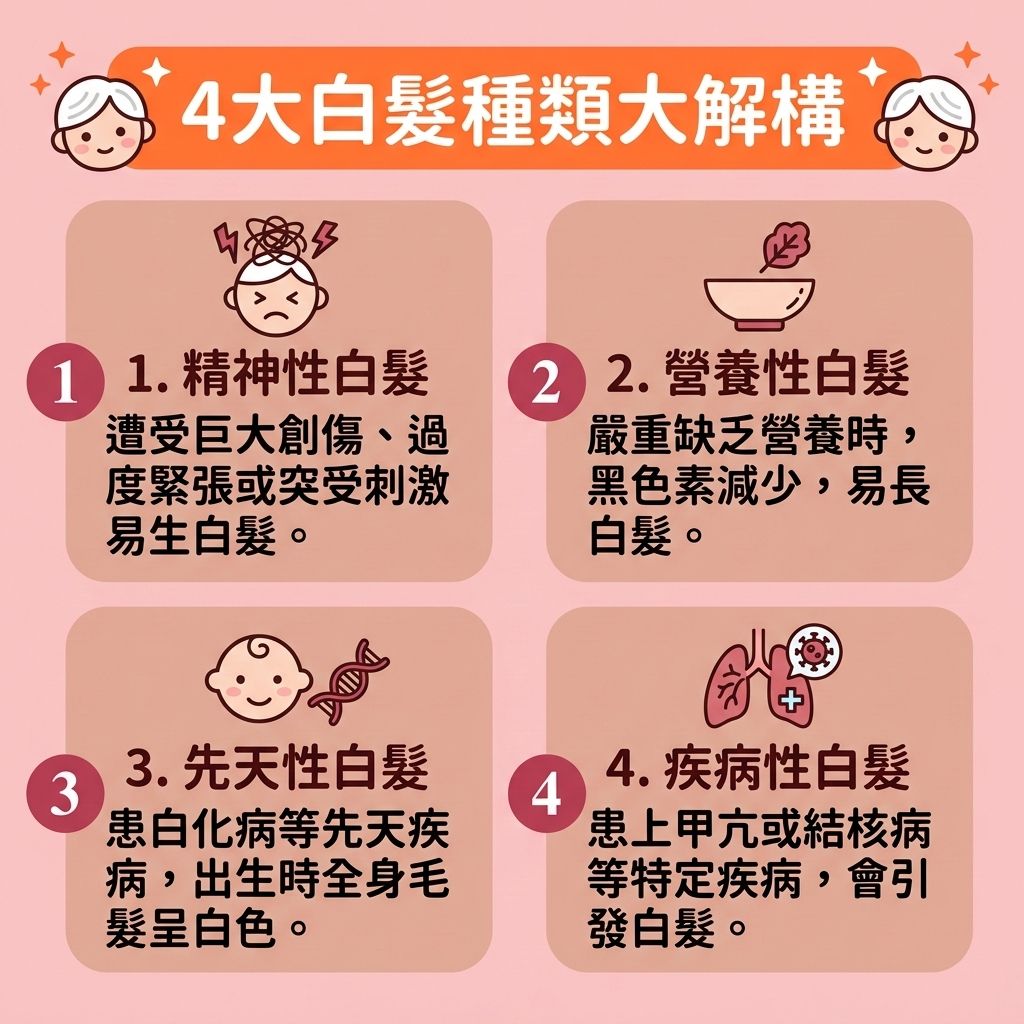 這是一張 1:1 正方形的可愛扁平化向量資訊圖表，採用台灣健康部落格風格，為您詳細解析【白髮成因】。圖表指出【白髮】不僅因【遺傳】與自然【衰老】，更與生活息息相關。當【壓力】過大且無法【舒緩精神壓力】，或【睡眠】不足未能【改善睡眠質素】時，會導致體內【自由基】增加並影響【荷爾蒙】，進而破壞【頭皮】中【酪氨酸酶】的活性。

若出現【腎虛】及【氣血】不足，必須及早【調理肝腎氣血】。圖表建議透過【補充頭髮營養】，如攝取足夠的【蛋白質】、【維他命】、【鐵質】以及【攝取抗氧化物】，多吃【黑芝麻】與【何首烏】，有助於【增加黑色素】並保護【毛囊】內的【黑色素】細胞。維持良好的【血液循環】能【促進血液循環】，為【護理脆弱髮絲】與【改善頭皮環境】打好基礎，從而有效【延緩毛囊老化】。

為求【改善白髮】並期望【白髮變黑】，切記要【減少拔白髮】，以免引發毛囊炎。頻繁使用化學【染髮劑】不僅會導致【染髮傷害頭皮】，更可能加劇落髮危機。要徹底落實【預防白髮】及【預防脫髮方法】，建議尋求【專業頭皮護理】，透過專業按摩來【刺激毛囊再生】並【激活休眠毛囊】，達到真正健康豐盈的秀髮！