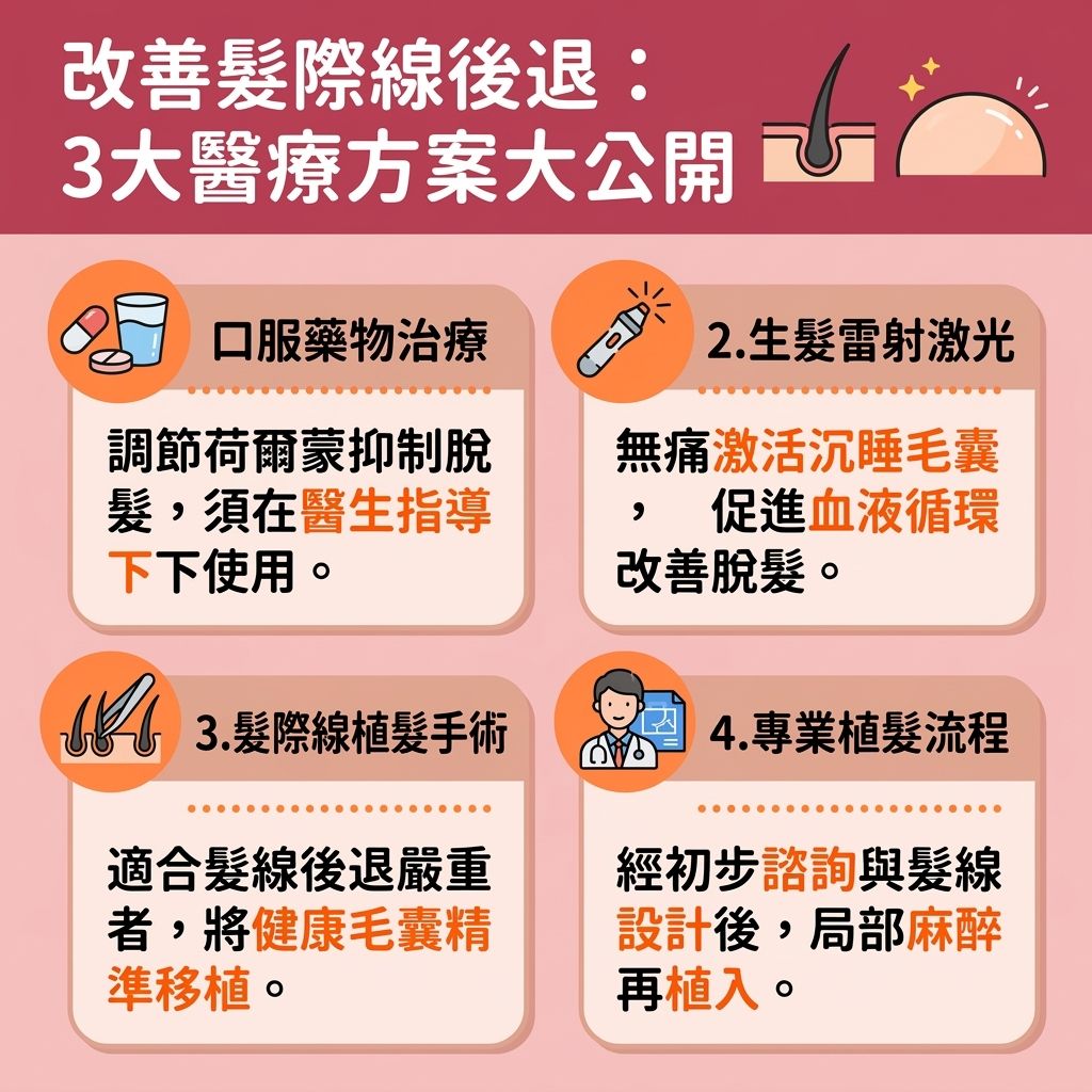 這是一張台灣健康部落格風格的 1:1 正方形資訊圖表，詳細介紹了挽救髮際線與改善髮線後移的醫療方案。當出現髮線後移先兆或M字額初期時，無論男女（包含女性髮線後移），都會尋求高額頭改善與頭髮稀疏解決的方法。許多人為了掩飾額頭高面相或髮線高髮型，會使用髮際線粉並搜尋髮際線粉推薦，或嘗試髮際線修飾與胎毛瀏海剪法。

然而，要根本解決脫髮與M字額，必須關注頭皮、頭髮及毛囊的健康。日常可使用防脫髮洗頭水及生髮水，並定期進行頭皮深層清潔以減少頭皮屑及皮脂腺阻塞。攝取充足的蛋白質能滋養髮根。若確診為雄性禿，皮膚科醫生會建議正規的雄性禿治療，透過調節荷爾蒙來進行毛囊萎縮治療。

圖表列出三大生髮療程推薦：首先是藥物治療；其次是使用醫療級激光（其原理類似激光生髮帽且激光生髮帽效果顯著），能刺激毛囊生長、促進頭髮生長及改善血液循環；最後是針對嚴重髮線退後的植髮手術。這些醫療方案能有效為你重建自信的額頭與髮線。