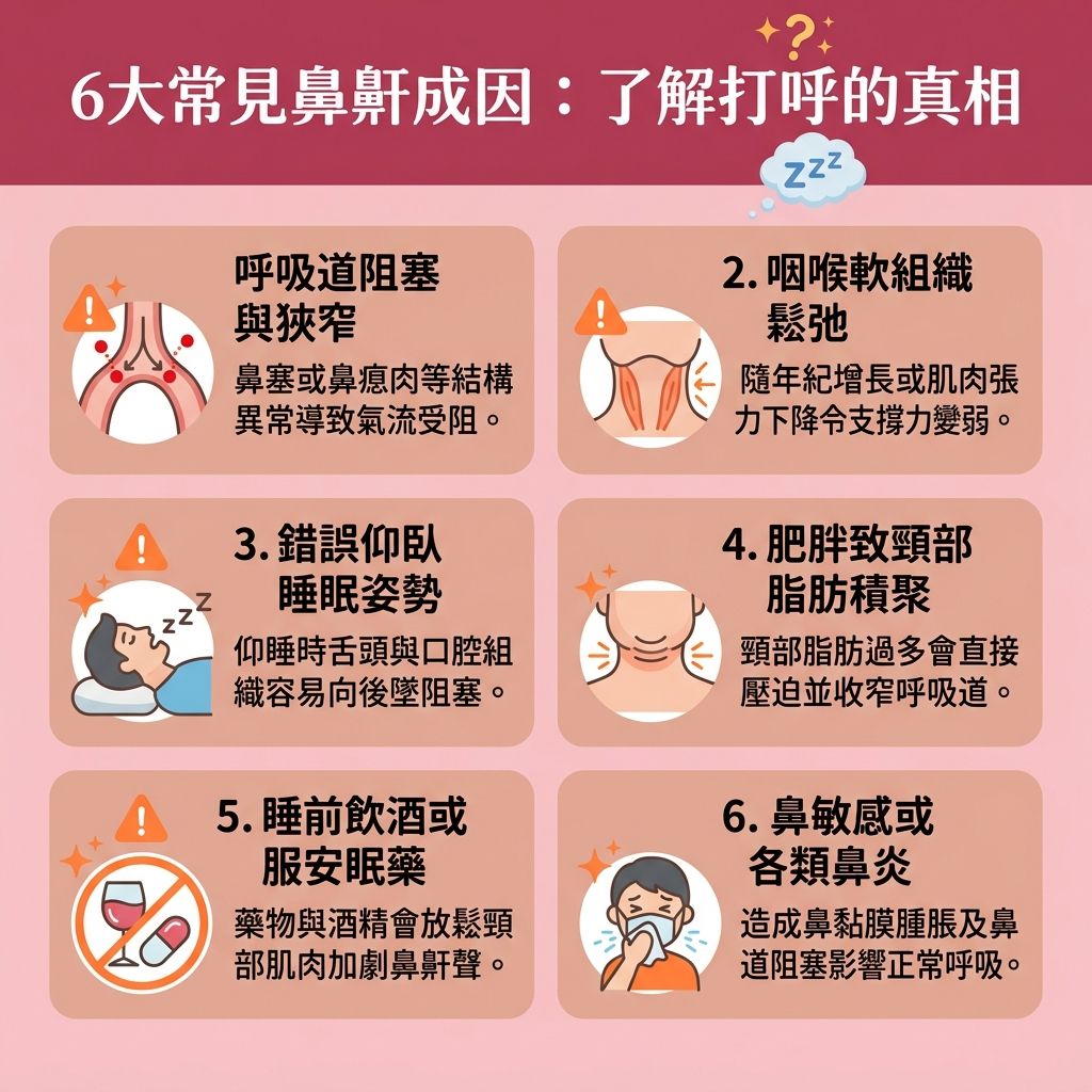 這是一張台灣健康部落格風格的 1:1 正方形扁平化資訊圖表，詳細解說六大鼻鼾成因。當我們遇到嚴重的【鼻塞】，甚至【鼻塞導致失眠】時，必須積極尋找【解決鼻塞方法】以【快速通鼻塞】。打鼻鼾常源於【呼吸道】受阻，例如患有【鼻敏感】、【鼻炎】或【鼻竇炎】，導致【鼻腔】內的【鼻黏膜】發炎與【鼻黏膜腫脹】，引發【鼻水】狂流甚至【鼻水倒流喉嚨】。若長有【鼻瘜肉】，更會嚴重加劇阻塞問題。

為了【舒緩鼻塞症狀】與【緩解鼻敏感不適】，大眾可使用【洗鼻器】搭配【生理鹽水】來【洗鼻舒緩鼻塞】並【清潔鼻腔分泌物】，這有助於【預防上呼吸道感染】。在【中醫】角度，按壓【穴位】（如【迎香穴】等【通鼻塞穴位】）也能幫助【睡前通鼻塞】。

若情況嚴重，應前往專業【診所】尋求【醫生】進行【耳鼻喉科專科診斷】。透過【耳鼻喉科】的專業評估，醫生可能處方【噴鼻劑】（如【類固醇噴鼻劑】含有【類固醇】成分）來進行【鼻竇炎治療】。這能有效【改善呼吸道阻塞】並【改善用口呼吸】。只要對症下藥，便能【降低鼻鼾頻率】、【減輕日間疲倦】，最終達到【提升睡眠質素】與優化整體【睡眠質素】的目標。