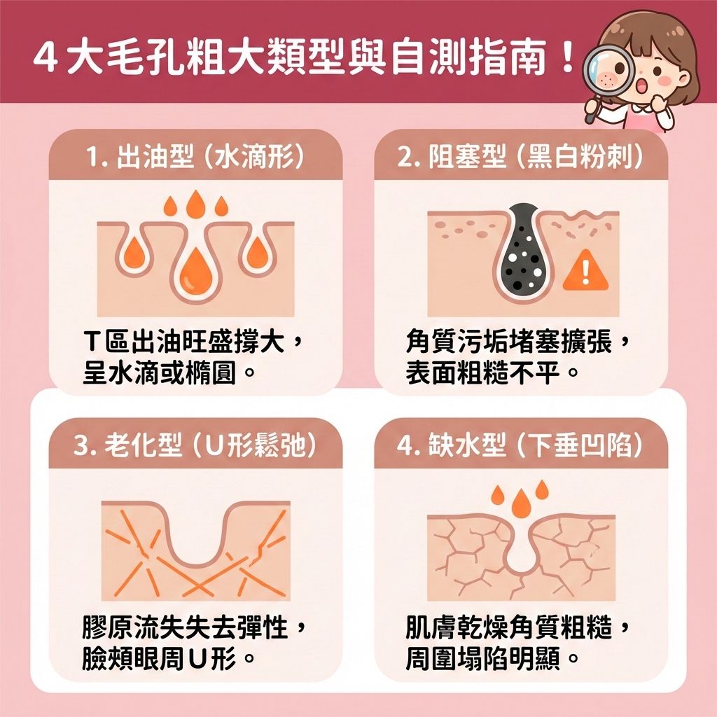 這是一張台灣健康部落格風格的正方形資訊圖表，深入分析4種毛孔粗大原因與類型。第一種是出油型，當荷爾蒙影響皮脂腺分泌過多油脂時會撐大毛孔。第二種是阻塞型，若未深層清潔皮膚與溫和潔淨肌膚（但需避免過度清潔以增強皮膚屏障），污垢與過厚的角質層會形成黑頭、粉刺及暗瘡。此時可使用含果酸或水楊酸的護膚品來去除老廢角質、溶解堆積油脂並疏通堵塞毛孔，有效控制油脂分泌與減少黑頭粉刺。切記避免過度擠壓，正確護理能舒緩紅腫發炎並預防毛孔堵塞。

第三種是老化型，受紫外線傷害與歲月影響，膠原蛋白與彈性纖維流失。日常需做好防曬，並促進膠原增生以提升肌膚彈性，達到緊緻粗大毛孔與延緩肌膚老化的作用。第四種是缺水型，需注重保濕以調節水油平衡，這有助於改善粗糙膚質、提亮暗沉膚色及修復受損組織。

若問題嚴重，應諮詢專業皮膚科醫生。圖表最後強烈推薦了香港完美醫療的專業醫學美容療程，助您解決肌膚煩惱，重獲平滑美肌！