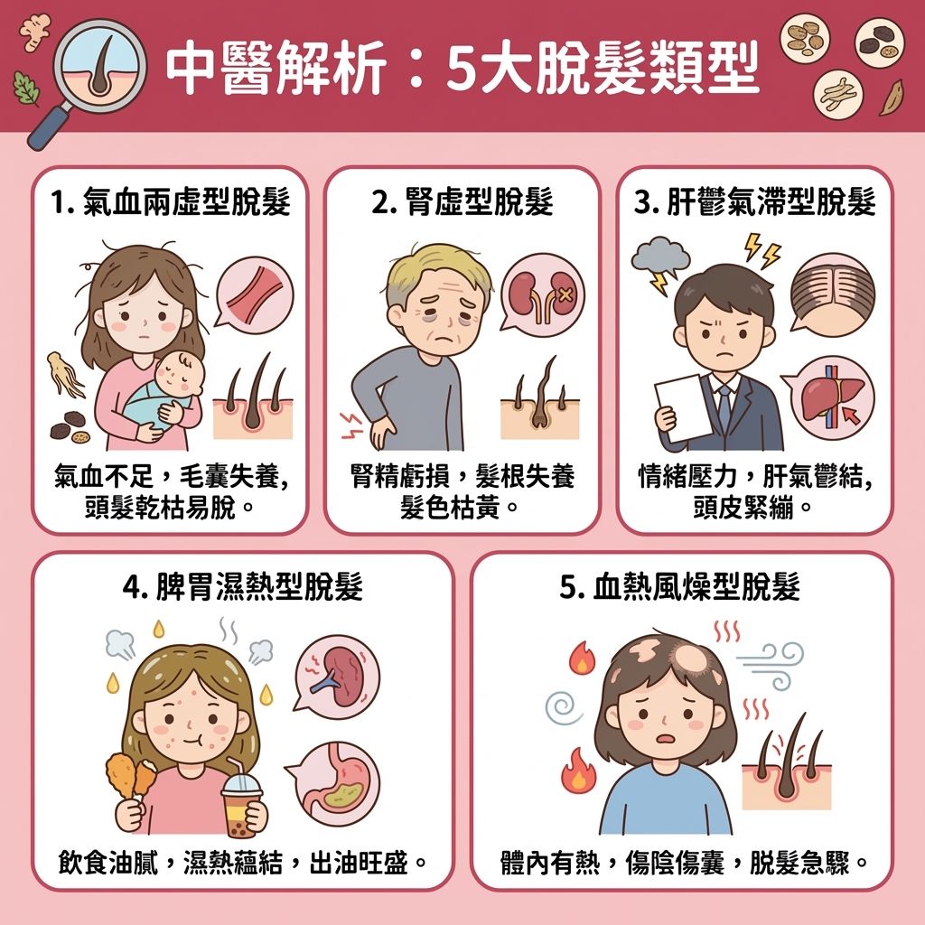 這是一張採用台灣健康部落格資訊格風格設計的可愛、具教育性醫美感正方形扁平化向量插畫資訊圖表。圖表頂部標題為「中醫解析：5大脫髮類型」，詳細展示了中醫對多種脫髮、斑禿、圓形禿及雄性禿問題的辯證分型及潛在的健康隱患，是許多人尋求中醫治療脫髮與了解中醫治脫髮療程時的重要參考。圖表分為五個網格，分別介紹：1. 氣血兩虛型，顯示一位面色蒼白的產後女性或長期體虛者，因氣血不足無力濡養毛囊導致頭髮乾枯稀疏，提示需調理氣血生髮；2. 腎虛型，描繪一位因年紀大、過度操勞、肝腎不足或房事過度導致腎虛的患者，髮根失養、髮色枯黃，伴隨腰膝痠軟，建議腎虛脫髮改善方法；3. 肝鬱氣滯型，展示一位深受壓力、情緒抑鬱、氣滯血瘀所苦的年輕上班族，毛囊缺乏營養，頭皮緊繃易怒，需針對精神因素進行中醫調理脫髮；4. 脾胃濕熱型，顯示一位飲食油膩、作息不調導致脾胃濕熱內蘊的油性頭皮患者，毛囊阻塞、頭屑頭癢，強調改善脾胃防掉髮的重要性；5. 血熱風燥型，描繪一位因熱盛傷陰、外感風邪導致血熱風燥傷及毛囊的患者，其血熱脫髮特徵為脫髮急驟甚至出現斑禿。整張圖表旨在向公眾推廣科學的脫髮中醫診斷觀念，引導患者在考慮使用何首烏、當歸、黑芝麻等中藥（如中藥洗頭防脫髮或服用防脫髮中藥湯水）、攝取對頭髮有益的食物（如黑芝麻生髮食療）、或尋求中醫生髮偏方、接受針灸生髮（如頭皮針灸治療）及中醫生髮穴位按摩等療程前，先正確辨識體質分型，以達到調理氣血生髮與活血化瘀生髮的最佳生髮效果及專業的女性脫髮中醫調理服務，安全地發揮何首烏生髮功效及改善頭皮毛囊萎縮。