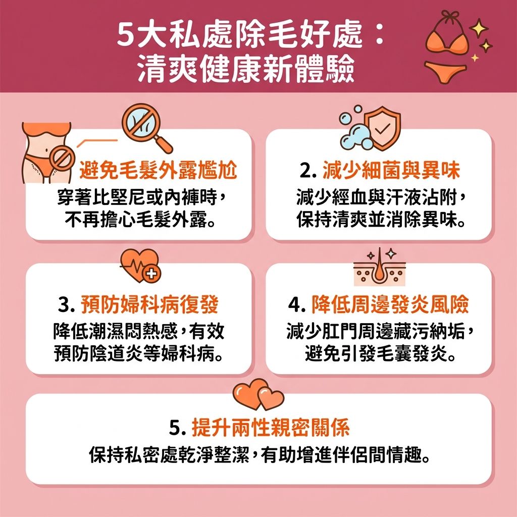 這是一張台灣健康部落格風格的 1:1 正方形資訊圖表，詳細解說私處除毛好處與正確的私密處保養步驟。為了保持私處及比堅尼位的衛生，許多人會尋找安全脫毛方法。如果使用剃刀、蜜蠟或脫毛膏處理毛髮，可能會引發拔毛後遺症，導致皮膚的角質與毛孔受損，甚至造成紅腫、炎症，增加黑色素與色素累積。為了解決毛囊發炎並改善毛髮倒生，應盡量避免難以忍受的蜜蠟脫毛痛楚。

專業醫生的比堅尼脫毛推薦是選擇專業脫毛中心進行無痛激光脫毛。了解激光脫毛原理後，會發現激光透過特定波長與能量深入毛囊，配合冰感技術能避免皮膚灼傷並舒緩脫毛紅腫，達到理想的永久脫毛效果。

圖表也提醒挑選適合脫毛季節進行療程，並重視脫毛前後護理及私密處脫毛保養。日常需搭配溫和去角質與塗抹保濕霜，這不僅能減少色素沉澱，還能收細粗大毛孔，讓私密肌膚保持清爽健康。
