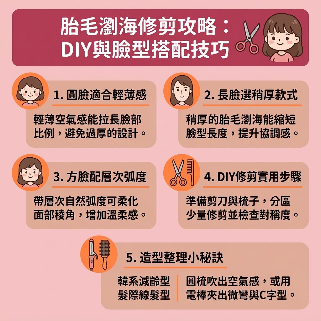 這是一張台灣健康部落格風格的 1:1 正方形資訊圖表，詳細介紹了胎毛瀏海剪法與整理胎毛教學。許多人為了修飾高額頭與拯救寬額頭，會利用這款韓系減齡髮型來隱藏髮際線後移及遮蓋額角禿。無論你的臉型為何，了解胎毛瀏海適合臉型能有效改善臉型比例、修飾面部輪廓，並突出精緻的五官，成功塑造小臉視覺。

圖表教你如何自己動手剪瀏海，只需準備剪刀與扁梳，將邊緣碎髮修剪，即可遮擋邊緣缺角。這不僅是髮際線稀疏救星，更是掩飾脫髮初期與改善稀疏髮際線的妙招，能瞬間增加髮量視覺效果並提升髮型層次感。造型時，可搭配定型噴霧與髮尾油，掌握胎毛瀏海定型技巧，讓髮絲與髮型更加服貼自然。

若你正面臨脫髮問題，發現額頭與額角越來越高，甚至有髮量流失的困擾，除了利用髮際線粉進行視覺修飾，更應關注頭皮與毛囊的健康。為了解決頭髮稀疏，日常可搭配生髮水滋養髮根。若情況嚴重，最終可能需要考慮植髮手術，才能從根本解決髮際線後退的問題。