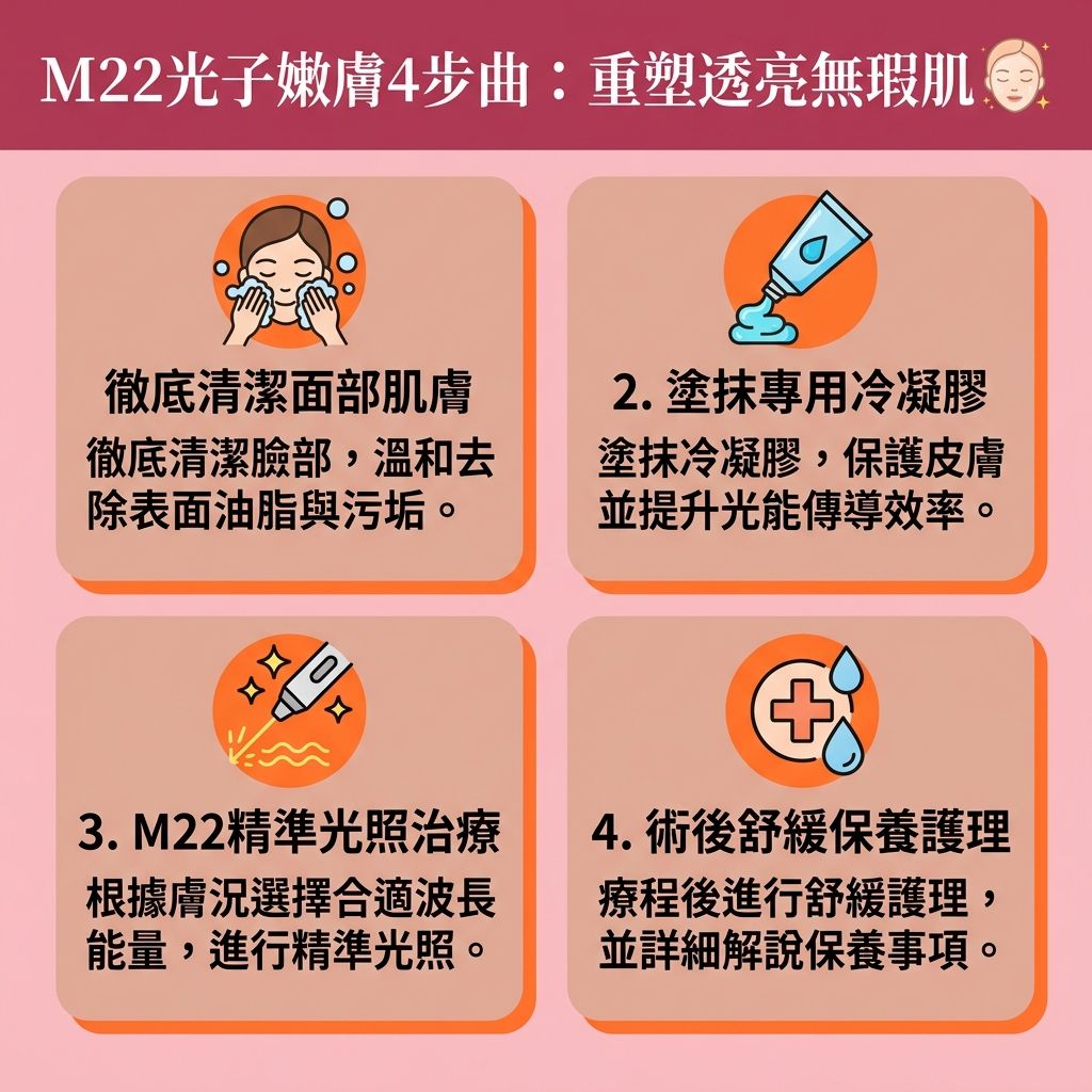 這是一張台灣健康部落格風格的 1:1 正方形扁平化資訊圖表，詳細解說【光子嫩膚】（即【彩光】或【脈衝光】）的標準【療程】4步驟。在專業【診所】進行這項【美白去斑療程】與先進的【光學嫩膚技術】時，醫師會根據肌膚問題挑選合適的【濾光片】與特定【波長】，將光能穿透【角質層】、【表皮層】直達【真皮層】。

這能有效【擊退黑色素】、【解決色素沉澱】及【阻截黑色素形成】，精準【淡化色斑】（如【雀斑】、【太陽斑】與深層的【荷爾蒙斑】等各類【色斑】）。同時，特定波長能【改善微絲血管擴張】與【舒緩皮膚泛紅】（減輕【泛紅】與【微絲血管】顯現），並幫助【去除暗瘡印】（消除惱人的【暗瘡印】）。

療程的光熱效應更能【刺激膠原增生】（活化【膠原蛋白】），【促進新陳代謝】以【修復受損肌膚】。這不僅能【收細毛孔】、【減少臉部細紋】、【改善粗糙膚質】與【提升肌膚彈性】，更能全面【改善膚色不均】、【均勻膚色】、【提亮膚色】及【改善暗沉肌膚】。術後配合溫和的【護膚品】保養，即可擁有白滑透亮的年輕肌膚。