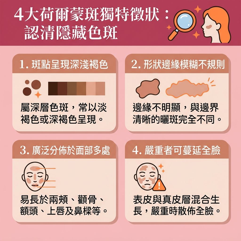 這是一張台灣健康部落格風格的 1:1 正方形扁平化資訊圖表，仔細描述了【荷爾蒙斑】（臨床上又稱【黃褐斑】、【肝斑】或【蝴蝶斑】）的四大特徵。圖中說明了【荷爾蒙斑成因】常與體內【雌激素】改變（例如常見的【產後荷爾蒙斑】）及長期的【紫外線】照射有關。有別於【雀斑】與【太陽斑】等【淺層色斑】，它通常屬於較難纏的【深層色斑】，會導致大量【黑色素】在【角質層】及真皮層積聚，造成各種困擾的【色斑】問題。

為了【預防色斑形成】與【阻截黑色素形成】，日常需做足【防曬】，挑選合適的【護膚品】以【預防黑色素沉澱】與【解決色素沉澱】。若想【去除黃褐斑】、【淡化色斑】及全面【美白去斑】，單靠保養來【促進新陳代謝】（提升皮膚【新陳代謝】）往往效果有限。

建議前往專業【診所】尋求【醫生】協助，進行精準的【荷爾蒙斑治療】。現時熱門的【去斑療程推薦】包括【激光】與【皮秒激光】等醫美【療程】。這些先進的【無痛去斑技術】能深入肌底【打散黑色素】，不僅具有極佳的【激光去斑效果】，還能【刺激膠原增生】（喚醒肌底的【膠原蛋白】），徹底【改善膚色不均】。建議在詳細了解【激光去斑價錢】後及早接受治療，便能重拾白滑無瑕的肌膚。