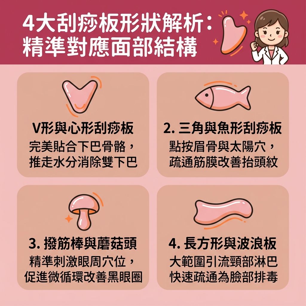 這是一張呈現台灣健康部落格風格的 1:1 正方形扁平化資訊圖表，主題為面部刮痧教學與刮痧板用法。圖解這款瘦面神器（刮痧板）的不同形狀如何對應面部結構。

透過刮痧方向圖解與瘦面按摩技巧，教你如何搭配精華或按摩油正確使用。V形板能完美貼合下頜線，有效提升下頜線條、針對發達的咀嚼肌，是消除雙下巴（減退雙下巴）與改善面部水腫的極佳去水腫方法。

魚形板可用於疏通經絡穴位，點按穴位與經絡，能舒緩眼部疲勞並撫平皺紋。撥筋棒能精準刺激眼周微絲血管，幫助改善黑眼圈（淡化眼圈），同時能減淡法令紋並提亮蘋果肌。長形板適合大面積的淋巴排毒按摩，推走淋巴內的毒素，進行深層的面部排毒護理。

在了解刮痧板材質比較與尋找刮痧板推薦時，正確的刮痧能大幅促進血液循環（加強血液循環），幫助排走水腫。這不僅能提拉面部肌膚、刺激膠原蛋白增生以改善皮膚彈性，更能達致緊緻面部輪廓與重塑立體輪廓的完美效果。