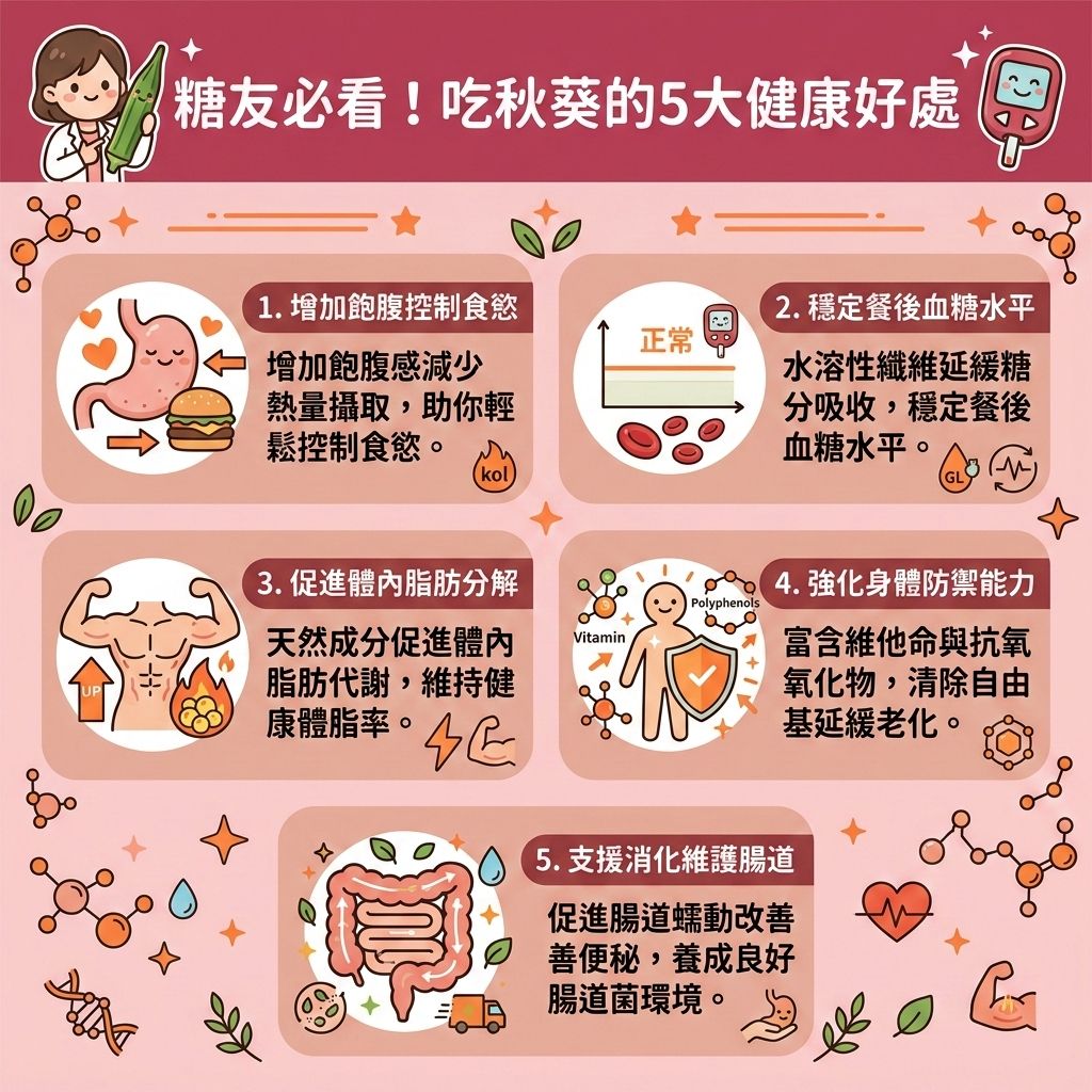 這是一張台灣健康部落格風格的資訊圖表，介紹秋葵的好處與秋葵減肥功效。秋葵富含膳食纖維與水溶性纖維，其特有的黏液能增加飽足感與飽腹感，幫助我們控制熱量攝取，減少攝入過多卡路里。這能有效延緩血糖上升，穩定血糖，並有助於降低膽固醇與代謝壞膽固醇。

在健康減脂餐單中，秋葵搭配優質蛋白質與綠茶，能提供豐富的維他命與抗氧化物。豐富的纖維能促進腸胃蠕動，維持腸胃健康，幫助排毒清腸宿便與消除身體水腫。這不僅能提升基礎代謝與整體的基礎代謝率，加速新陳代謝，更能幫助身體燃燒深層脂肪，針對內臟脂肪與多餘脂肪進行打擊。

對於想要改善中央肥胖、尋找減大肚腩方法的人，吃秋葵能預防脂肪積聚，成功降低體脂比例（降低體脂率），助你突破減肥停滯期，打造易瘦體質。若想進一步追求完美曲線，除了飲食，醫學美容也是好選擇。香港完美醫療提供專業的局部減脂療程。透過安全的無創減脂技術進行醫美定位修形，能安全高效地重塑迷人體態！