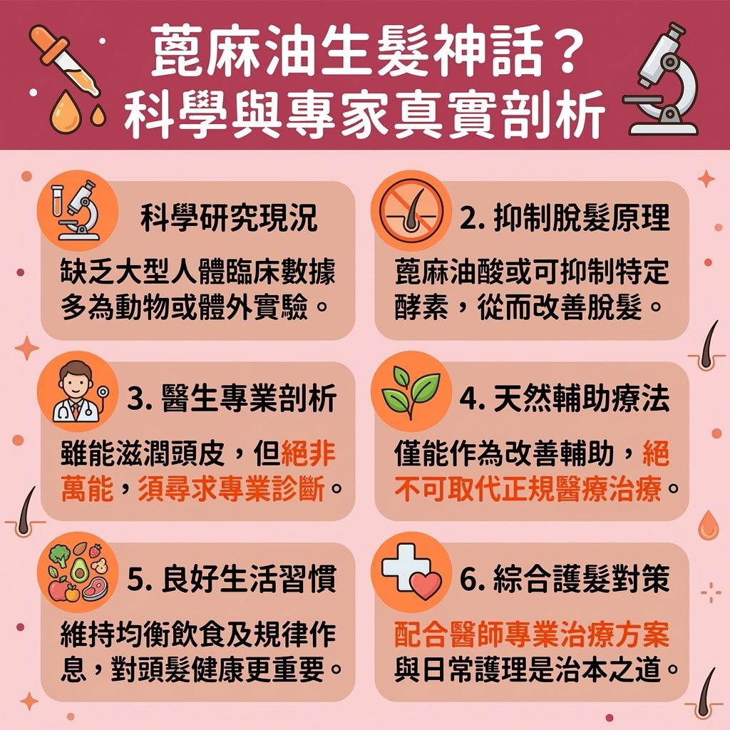 這是一張台灣健康部落格風格的 1:1 正方形資訊圖表，詳細解析了科學與專家對蓖麻油生髮功效的看法。許多人希望能促進頭髮生長並解決脫髮問題，因此探討了蓖麻油如何改善頭皮健康。圖中提到掌握蓖麻油正確用法能幫助預防掉髮及滋潤頭皮，並有效刺激毛囊。作為一種天然生髮方法，它適合頭髮稀疏及產後脫髮的人士。蓖麻油富含蛋白質、維他命、脂肪酸與蓖麻油酸，能幫助形成角蛋白以強化髮絲、減少斷髮並修護受損頭髮。雖然它有助於改善頭皮血液循環（即血液循環），但使用前需注意蓖麻油副作用。想增加頭髮濃密度及治療頭皮屑，除了關注皮脂腺與荷爾蒙變化，還需了解其抗菌與對抗真菌的特性，以減少頭皮的炎症。對於受雄性禿困擾者，這雖然能提供髮根所需營養並富含抗氧化劑，但若脫髮嚴重，應諮詢皮膚科醫生。圖表下方亦附有生髮精華推薦與護髮油推薦，並特別提醒讀者，若正考慮其他醫美項目，需注意脫毛療程比較與潛在的激光反應，以免影響整體毛囊與皮膚健康。