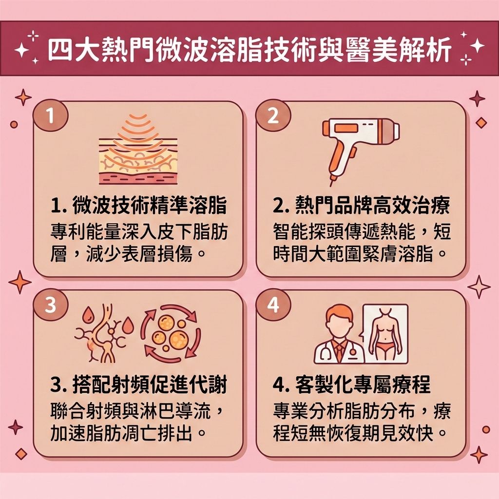 這是一張 1:1 正方形的扁平化向量資訊圖表插畫，嚴格採用台灣健康部落格懶人包風格。圖表以可愛、具教育性與醫美感的方式解析「四大熱門微波溶脂技術與醫美解析」，底部保持純淨無字並無縫應用背景色。

圖表詳細解析這種先進的無創減脂療程，如何運用專利微波技術與專利探頭，安全地穿透真皮層，精準針對深層脂肪進行破壞。這項安全無痛溶脂技術能有效破壞脂肪薄膜，促使巨噬細胞吞噬凋亡的脂肪細胞，大幅減少脂肪數量，成功溶解頑固脂肪並加速脂肪代謝。這不僅是擊退局部肥胖的最佳選擇，更遠勝傳統冷凍溶脂，能精準消除頑固贅肉，特別是難減的大腿外側、肚腩、雙下巴、拜拜肉與下垂的臀部。

療程中結合大範圍射頻技術，能激活膠原蛋白與彈性纖維重組，有效刺激膠原增生，進而提升皮膚彈性與改善皮膚鬆弛。透過醫學美容的醫美定位修形，能完美收緊身體線條、緊緻身體輪廓，並改善凹凸不平的橙皮紋問題。

此外，配合微波溶脂與淋巴系統導流能促進淋巴排毒，全面提升新陳代謝。結合日常控制熱量赤字，能助您突破減肥停滯期，輕鬆減少皮下脂肪，為您塑造完美體態！