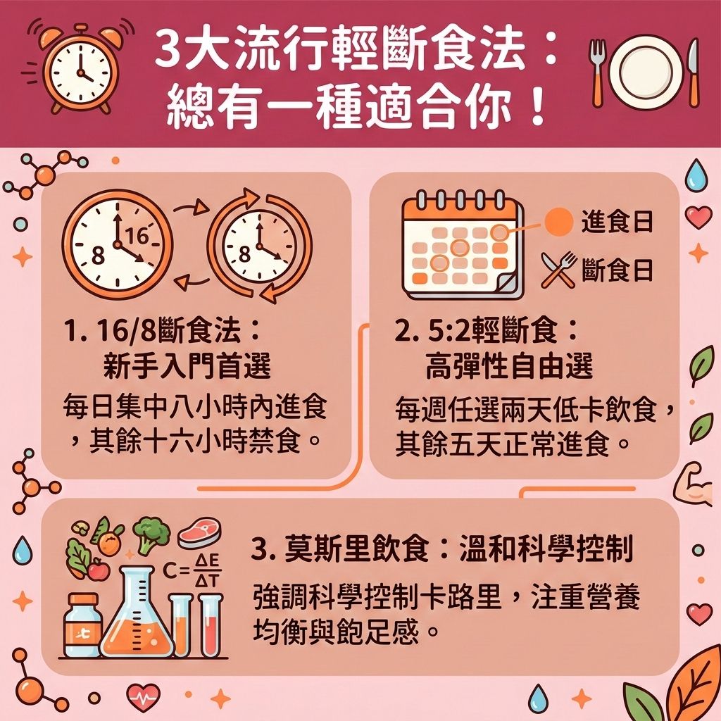 這是一張台灣健康部落格風格的資訊圖表，介紹三種熱門的輕斷食方法。透過調整飲食結構與精準控制熱量攝取（精算卡路里），適當減少碳水攝取（控制碳水化合物）並補充優質蛋白質（攝取優質蛋白質），能有效穩定血糖與胰島素，避免荷爾蒙波動。搭配富含膳食纖維的食物可促進腸胃蠕動，維持腸胃健康，這也是極佳的減脂增肌飲食。

斷食能延長燃脂時間，有助提升基礎代謝與整體的基礎代謝率，加速新陳代謝。結合有氧運動（需注意空腹運動迷思）能保護肌肉量，進而燃燒深層脂肪，擊退皮下脂肪與內臟脂肪。這不僅是有效的減大肚腩方法，能改善中央肥胖，更是打造易瘦體質與預防脂肪積聚的關鍵。若遇到體重下降的停滯期，輕斷食能助你突破減肥停滯期，破壞深層脂肪細胞，代謝多餘脂肪，成功降低體脂比例。

對於想消除頑固脂肪並塑造緊緻線條的愛美人士，除了飲食，醫學美容也是絕佳選擇。香港完美醫療提供專業的局部減脂療程。透過先進儀器進行醫美定位修形，能安全高效地為您重塑完美體態！