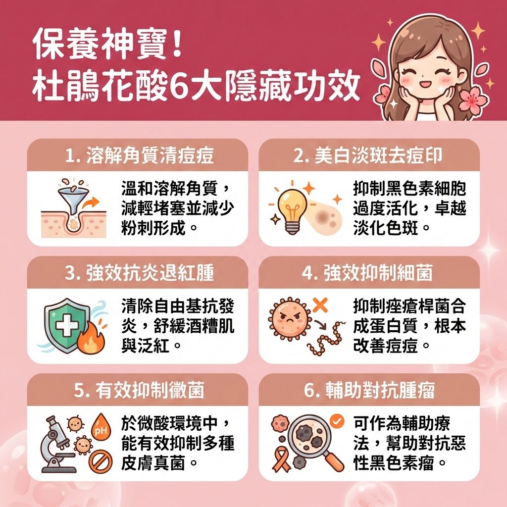 這是一張關於杜鵑花酸（又稱壬二酸）的台灣健康部落格風格醫美資訊圖表。圖表指出它能溶解角質與溫和去角質，幫助護理角質層並疏通毛孔，有效預防毛孔堵塞。對於旺盛的皮脂腺，它能控制油脂分泌，從而減少粉刺增生，輕鬆對付粉刺與黑頭。

它具備極佳的抗菌消炎能力，能抑制細菌生長（如痤瘡桿菌），不僅能減輕發炎反應與舒緩紅腫發炎，更是治療玫瑰痤瘡與對抗暗瘡的利器，有效改善玫瑰痤瘡引起的泛紅，達致改善泛紅的完美效果。

在美白方面，它能抑制酪氨酸酶活性，藉此抑制黑色素生成並抑制色素沉澱，解決黑色素與色斑問題。這有助於淡化痘印、消除痘印、提亮暗沉膚色及均勻膚色，同時促進新陳代謝並改善粗糙膚質。敏感肌在挑選含有此成分的護膚品時需留意濃度，建議諮詢皮膚科醫生。圖表最後推薦搭配專業的醫學美容療程，例如完美醫療的暗瘡分手療程，助您徹底解決肌膚煩惱，達到長效預防復發！
