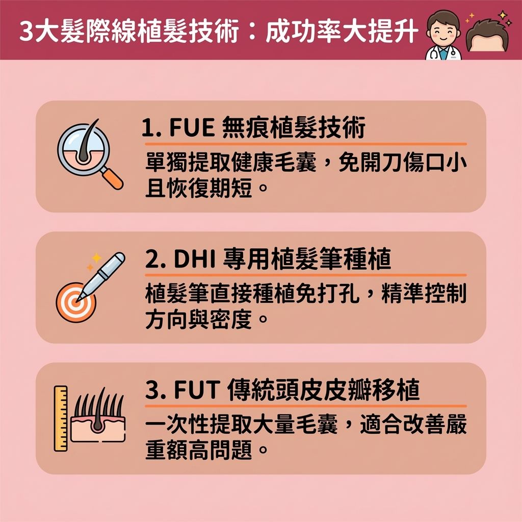 這是一張台灣健康部落格風格的 1:1 正方形資訊圖表，詳細解說三大髮際線的植髮技術，是極佳的預防脫髮方法與毛囊萎縮治療。面對脫髮、雄性禿帶來的額角後退與M字額困擾，許多人尋求M字額植髮與髮際線後移改善。圖表介紹了如何從後枕部利用專業的提取毛囊技術取出健康毛囊，再進行精準的種植。

透過先進的微創無痕植髮（微創技術），能確保毛囊存活率高（提升存活率）並達到植髮效果自然，完美順應天然髮流，有效增加髮根密度（提升密度）與整體髮量，幫助改善頭髮稀疏及解決額高問題。對於需要女性髮際線調整的人，專業醫生會客製化最佳的髮際線設計形狀。

在挑選植髮中心推介時，應考量髮際線植髮價錢與潛在的植髮後遺症風險。由於施打局部麻醉，能大幅減輕植髮過程痛楚。只要遵循正確的術後護理保養，就能保護頭皮與髮根，減少疤痕，並有效縮短手術時間及植髮手術恢復期（縮短康復期）。