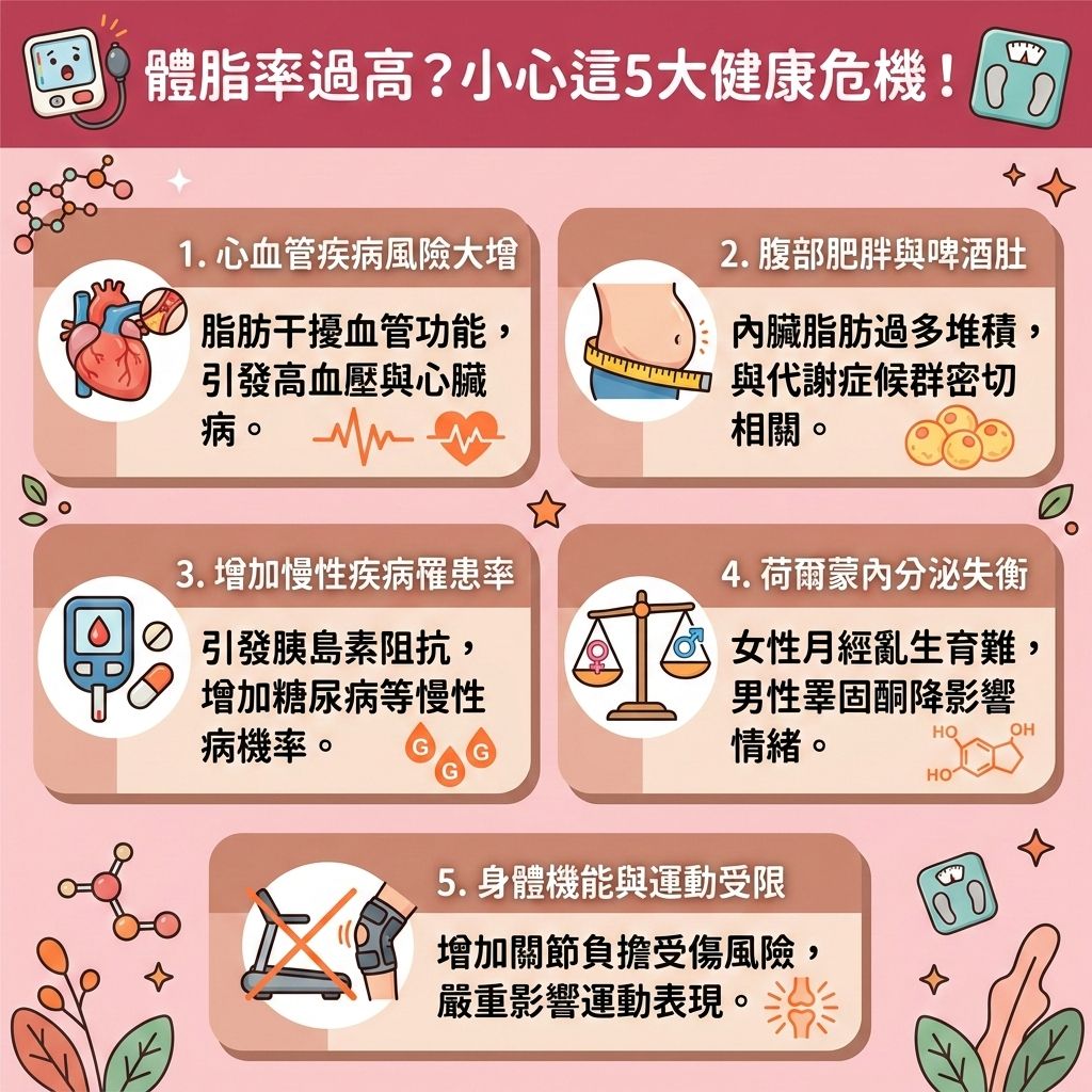 這是一張台灣健康部落格風格的資訊圖表，深入探討體脂率過高的危機。首先，了解男女體脂標準與正確的測量體脂方法非常重要，因為過高的體重與身體質量指數往往伴隨著過多的深層脂肪細胞。這不僅包含表層的皮下脂肪，更危險的是囤積在腹部的內臟脂肪，容易引發荷爾蒙失調，我們必須積極減少內臟脂肪以改善中央肥胖。

要有效降低體脂比例並預防脂肪積聚，必須從健康減脂餐單（或增肌減脂飲食）著手。精準控制熱量攝取（計算卡路里），適當減少碳水化合物並補充足夠的蛋白質。配合有氧運動、無氧運動以及阻力訓練，能有效鍛鍊骨骼肌，從而增加整體肌肉量並提升肌肉比例。這能大幅提升基礎代謝與整體的基礎代謝率，加速新陳代謝，幫助我們燃燒深層脂肪與消除頑固脂肪。

如果在減重過程中遇到停滯期，除了堅持上述習慣來突破減肥停滯期與打造易瘦體質外，現代醫學美容也提供了高效的輔助。香港完美醫療提供專業的專屬瘦身方案與高科技的局部減脂技術。透過先進的無創減脂療程進行精準的醫美定位修形，能安全地幫您塑造緊緻線條，輕鬆告別肥胖危機！