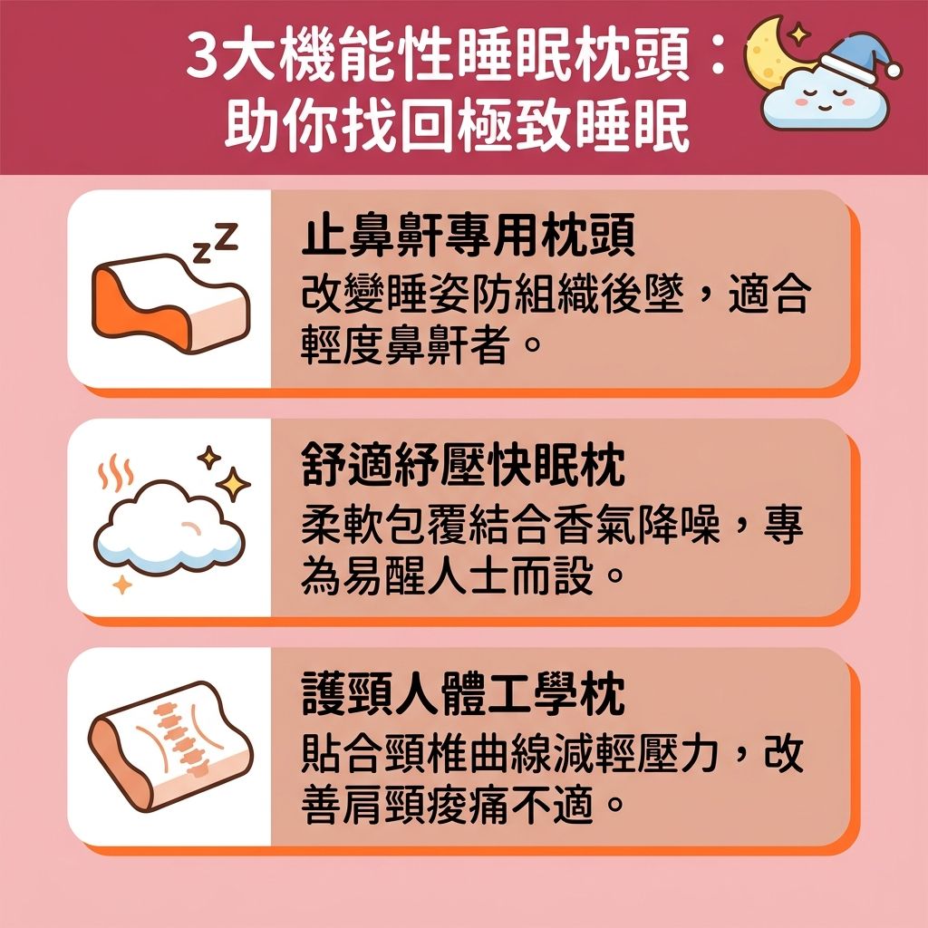 這是一張台灣健康部落格風格的 1:1 正方形扁平化資訊圖表，主題為分析3大機能性枕頭，幫助大眾【提升睡眠質素】（全面改善【睡眠質素】）並【減輕日間疲倦】。圖表介紹了止鼾枕、快眠枕與人體工學枕。合適的枕頭能【改善呼吸道阻塞】，【降低鼻鼾頻率】，並【改善用口呼吸】。

然而，若睡眠問題源於嚴重的【鼻塞】，導致【鼻塞導致失眠】，單靠枕頭可能不夠。這通常與【鼻腔】內的【鼻黏膜】問題有關。例如【鼻黏膜腫脹】、【鼻敏感】、【鼻竇炎】、【鼻炎】、甚至長出【鼻瘜肉】，都會讓【呼吸道】受阻，引發【鼻水】與【鼻水倒流喉嚨】。為了【預防上呼吸道感染】並【緩解鼻敏感不適】，我們需要積極尋找【解決鼻塞方法】與【舒緩鼻塞症狀】。

日常護理可嘗試【快速通鼻塞】的技巧，例如在【睡前通鼻塞】。可使用【洗鼻器】搭配【生理鹽水】進行【洗鼻舒緩鼻塞】，這能有效【清潔鼻腔分泌物】。此外，尋求【中醫】協助，按壓【通鼻塞穴位】（如各種臉部【穴位】，特別是【迎香穴】）也能帶來舒緩。若症狀持續，建議前往專業【診所】尋求【醫生】或【耳鼻喉科】的【耳鼻喉科專科診斷】。醫生可能會處方【噴鼻劑】（如【類固醇噴鼻劑】等【類固醇】藥物），或進行專業的【鼻竇炎治療】，從根源解決問題，讓你夜夜好眠。