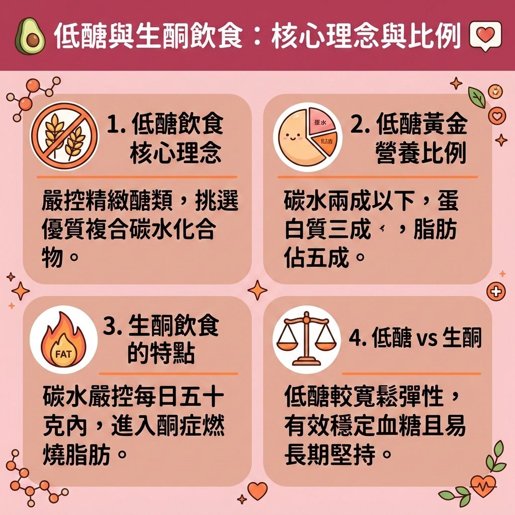 這是一張台灣健康部落格風格的 1:1 正方形教育性醫美資訊圖表，帶你了解真正的「低醣飲食」。圖表詳細拆解了碳水化合物的種類，教你區分醣與糖。透過正確的低醣飲食餐單，能有效減少碳水攝取與減少糖分攝取，從而控制熱量吸收與精算卡路里。避免過多易吸收的單醣，多吃澱粉質與豐富的膳食纖維，能增加飽足感並穩定血糖水平，改善胰島素分泌，甚至改善胰島素阻抗，避免血糖急升。

相較於嚴格的生酮飲食（容易產生酮體），低醣法更容易執行。搭配適當的蛋白質與優質脂肪，能提升基礎代謝與整體的基礎代謝率，促進脂肪分解，讓脂肪細胞縮小。這有助於燃燒體內脂肪、消耗多餘熱量，並有效預防脂肪積聚，幫助你降低體脂比例與整體體脂率，保護肌肉不流失，全面提升新陳代謝，成功突破減肥停滯期，輕鬆控制體重，打造易瘦體質。

若你在自主控制飲食後，仍想針對局部消除頑固脂肪，可以尋求醫學美容的協助。香港完美醫療提供專業的專屬瘦身方案與局部減脂療程。透過先進的無創減脂技術與溶脂儀器，為您進行精準的醫美定位修形，輕鬆實現健康又美麗的體態！
