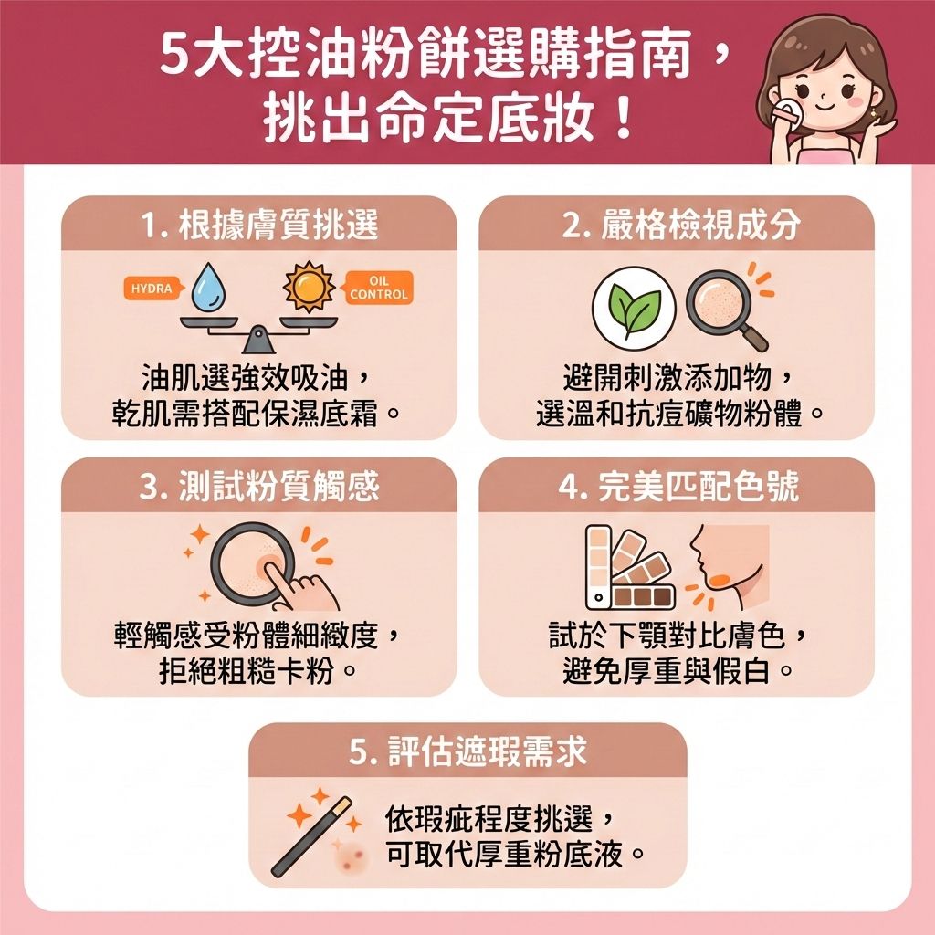 這是一張台灣健康部落格風格的醫美資訊圖表，教你如何挑選控油粉餅。對於油性肌膚和混合肌，皮脂腺容易分泌旺盛，若經常處於紫外線下更會出油。好的粉餅能取代厚重的粉底液與遮瑕膏，達到輕薄透氣不侷促與持久不脫妝的霧面啞光妝效。

圖表建議，挑選時應注重能吸附多餘油脂並抵抗汗水溶妝的成分，這是補妝吸油必備，能有效減少面部泛油與達致隱形毛孔效果，幫助均勻提亮膚色與提升妝容貼服度。與一般的碎粉或蜜粉不同，專業粉餅應具備遮蓋暗瘡印痕的功能。對敏感肌而言，必須溫和不刺激皮膚並避免堵塞毛孔，才能預防暗瘡粉刺生成，改善黑頭、粉刺及暗瘡，並達到舒緩紅腫發炎的作用。

日常保養需搭配含透明質酸的護膚品來調節水油平衡與增強皮膚屏障，並使用卸妝水以徹底卸除彩妝，保護脆弱的毛孔。若肌膚問題嚴重，應諮詢專業皮膚科醫生。圖表最後強烈推薦完美醫療的專業醫學美容項目，包括激光去印療程與皇牌「暗瘡分手療程」，助您重獲無瑕美肌！