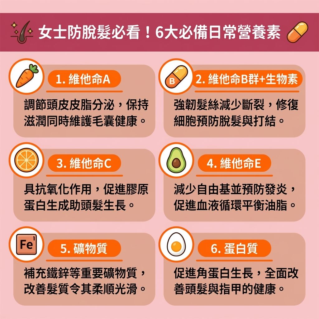 這是一張台灣健康部落格風格的 1:1 正方形資訊圖表，詳細解析了六大必備的營養素，幫助大眾了解女士脫髮原因並提供防脫髮食物指南。無論是面對壓力造成的壓力型脫髮、女性雄性禿，還是女性休止期脫髮，正確補充維他命都至關重要。對於孕婦尋求產後脫髮解決方案，或面臨更年期引起的荷爾蒙與雌激素變化而需要更年期掉髮治療的女性，我們建議透過天然飲食或改善脫髮保健品與護髮營養補充劑來攝取關鍵營養。
圖表列出了多款維他命生髮推薦，強調生物素及生物素生髮功效能有效解決斷髮問題並增加頭髮濃密度。攝取充足的蛋白質與膠原蛋白有助生成角蛋白，延緩頭髮老化。另外，補充鐵質防掉髮能預防貧血引發的脫髮，確保吸收充足鐵質，搭配鋅等礦物質能強化毛囊健康與預防頭髮稀疏。這些營養不僅是極佳的滋養髮根方法，能為頭皮、髮根與毛囊提供養分，還能改善頭皮血液循環與整體血液循環，並支持免疫系統運作。為身體提供充足營養，是促進頭髮生長最根本的方法。