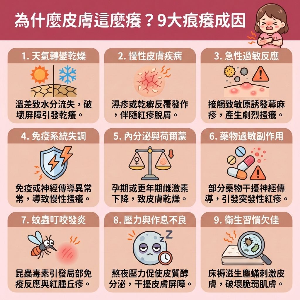 這是一張台灣健康部落格風格的正方形醫美資訊圖表，詳細解析9大成因以舒緩皮膚痕癢。圖表指出，當免疫系統失調或接觸塵蟎等過敏原時，身體會釋放組織胺，引發濕疹、蕁麻疹、接觸性皮膚炎或汗皰疹。這些問題常伴隨丘疹與水泡。

日常需溫和清潔皮膚並避免熱水洗浴，以保護脆弱的皮脂膜與角質層。若感到痕癢，務必避免過度搔抓，可透過冰敷鎮靜紅腫來達致褪紅消炎止癢及舒緩紅腫發炎。選用合適的護膚品與保濕霜能提供深層長效保濕，有助改善乾燥脫皮、修復受損組織及增強皮膚屏障。

為了降低過敏機率與舒緩敏感症狀，應保持環境乾爽並減少接觸致敏原，這亦有助於調節免疫功能與促進血液循環。若問題嚴重，切勿自行濫用類固醇藥物，應盡快尋求皮膚科醫生協助。圖表亦提醒，維持肌膚健康能改善粗糙膚質，預防暗瘡與玫瑰痤瘡。最後強烈推薦完美醫療的專業醫學美容項目——皇牌「暗瘡分手療程」，助您解決肌膚煩惱，實現長效預防復發！
