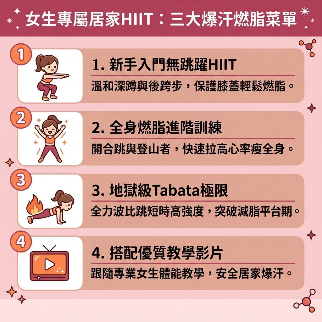 這是一張 1:1 正方形的扁平化向量資訊圖表插畫，嚴格採用台灣健康部落格懶人包風格。圖表以可愛、具教育性與醫美感的方式解析「女生專屬居家HIIT：三大爆汗燃脂菜單」，底部保持純淨無字並無縫應用背景色。

圖表教導女生如何利用居家徒手訓練進行高強度間歇訓練。這種結合有氧運動與無氧運動的有效消脂運動，能透過控制心跳區間拉高心跳率，達到短時間高效燃脂的絕佳效果。訓練過程能穩定核心肌群，提升心肺功能並促進血液循環，同時保護脆弱的關節。

HIIT最大的優勢在於強大的後燃效應，能大幅提升基礎代謝與整體的基礎代謝率，加速新陳代謝並持續消耗卡路里。搭配控制碳水化合物與補足蛋白質的健康減重餐單與減脂增肌飲食，並嚴格控制熱量攝取，能有效燃燒深層脂肪，精準打擊脂肪細胞、皮下脂肪與內臟脂肪。這不僅是極佳的消除腹部贅肉方法，更能助您降低體脂比例與體脂率，成功突破減肥停滯期，控制體重，並預防肌肉流失以維持肌肉量，輕鬆打造易瘦體質。

若渴望追求更極致的體態，圖表側邊的醫美專區建議結合醫學美容的無創減脂技術與局部減脂療程。透過先進的溶脂科技進行醫美定位修形，能進一步為您塑造緊緻線條，全方位雕塑完美身形！