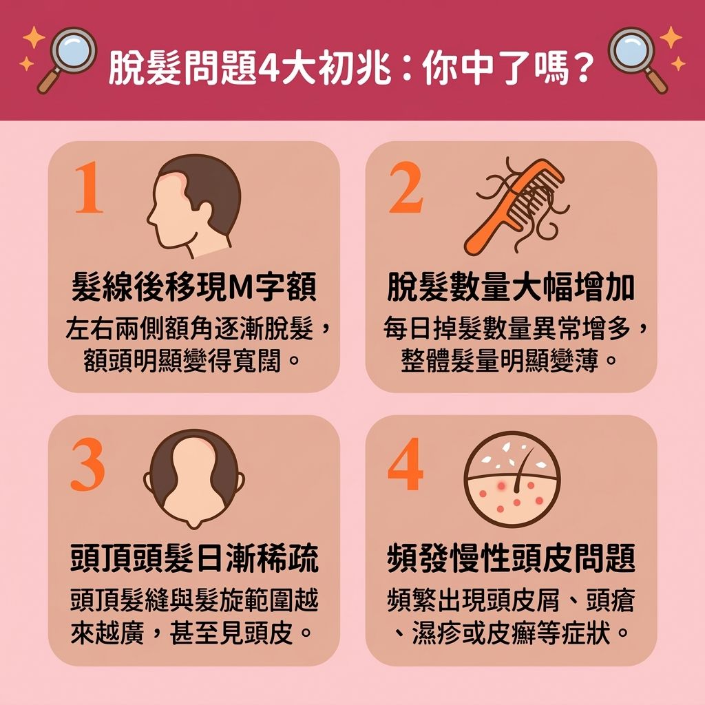 這是一張 1:1 正方形的可愛扁平化醫美資訊圖表，介紹四大【脫髮】初兆。圖中解說，如果【荷爾蒙】失調，會影響【頭皮】深層【毛囊】與【血液循環】。缺乏【營養】與【角蛋白】會讓【髮根】及【髮絲】變得脆弱，導致【雄性禿】或【斑禿】。

為了【解決脫髮問題】與【改善頭髮稀疏】，我們需要【專業頭皮分析】。你可以尋求【活髮中心】或【生髮中心】的專業【顧問】與【治療師】協助，了解各項【生髮療程推薦】與【活髮中心收費】，並進行【防脫髮治療】與【活髮療程比較】。

圖表建議透過【頭皮深層清潔】來【控制頭皮油脂】並【改善頭皮環境】。配合塗抹護理【精華】與使用先進【儀器】（如【激光】與【無創生髮技術】），能幫助導入【幹細胞】。這不僅能【激活休眠細胞】、【修復受損毛囊】及【刺激毛囊再生】，更有效【促進血液循環】。

無論是為了【治療遺傳性脫髮】還是【預防產後脫髮】，這些專業【療程】都能【強健脆弱髮根】、【延長生長週期】，最終大幅【增加頭髮密度】，讓你重拾自信！