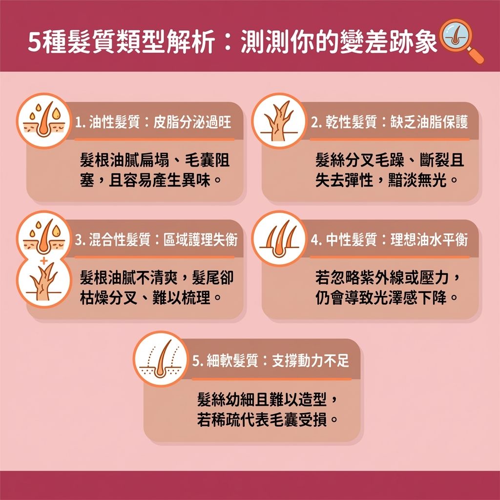這是一張台灣健康部落格風格的 1:1 插圖，詳細教學受損髮質修復。圖中解釋了皮脂與水分失衡導致的頭髮問題。針對不同頭皮狀況，教導讀者正確洗頭方法並搭配適當的洗頭水以達成頭皮油脂平衡。畫面展示如何利用護髮素、髮膜與護髮油進行居家護髮療程，並使用頭髮保濕噴霧達成抗氧化護髮，讓毛鱗片閉合（保護毛鱗片）以預防髮絲分叉與改善頭髮乾枯。

圖表強調了角蛋白與蛋白質對強化髮根健康與增加頭髮光澤（維持黑色素與彈性）的重要性。內容涵蓋了如何透過撫平毛躁技巧與分享順滑光澤心得，並提醒大眾要避免高溫傷髮，例如正確使用吹風機（建議選用帶有負離子或陶瓷技術的工具）及合適的梳子來預防頭髮靜電。

此外，內容提到頭皮深層護理可促進血液循環、保護毛囊並減少掉髮數量。針對細軟髮提出了改善頭髮扁塌的方案，並建議讀者應定期修剪頭髮，同時保護秀髮免受紫外線傷害，以維持髮色持久。