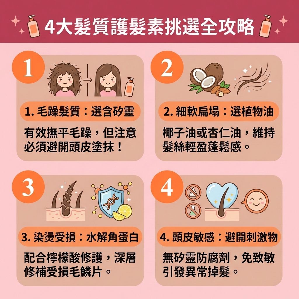 這是一張 1:1 正方形的扁平化向量資訊圖表插畫，採用台灣健康部落格風格，教您如何挑選【護髮素】與【洗頭水】以【改善頭髮乾燥】及【修復受損髮絲】。

圖表指出不同髮質的【日常頭皮護理】重點。若【頭皮】敏感，需【舒緩頭皮敏感】，選擇能【溫和清潔頭皮】與【深層清潔頭皮】的產品，避開刺激成分以【解決毛孔堵塞】，保護【角質層】與【皮脂腺】。維持正常的【頭皮油脂分泌】，能避免產生【頭皮屑】與【脫髮】危機。

染燙受損者可搭配【髮膜】或【髮尾油】，補充【角蛋白】、【蛋白質】與【胺基酸】，藉此【補充頭髮營養】，【減少頭髮折斷】並【強健脆弱髮根】。面對因【荷爾蒙】失調或【雙氫睪酮】引起的【雄性禿】落髮，正確洗護是基礎的【預防脫髮方法】。配合【防脫髮洗頭水】及改善【血液循環】的按摩，能有效【改善頭皮環境】。

若想進一步【減少掉髮數量】、【改善頭髮稀疏】、【促進頭髮生長】、【延長生長週期】並【激活休眠毛囊】，除了外用【生髮水】，建議尋求【專業生髮療程】與醫學【生髮療程】的幫助，甚至考慮【植髮】手術來徹底拯救受損【毛囊】。