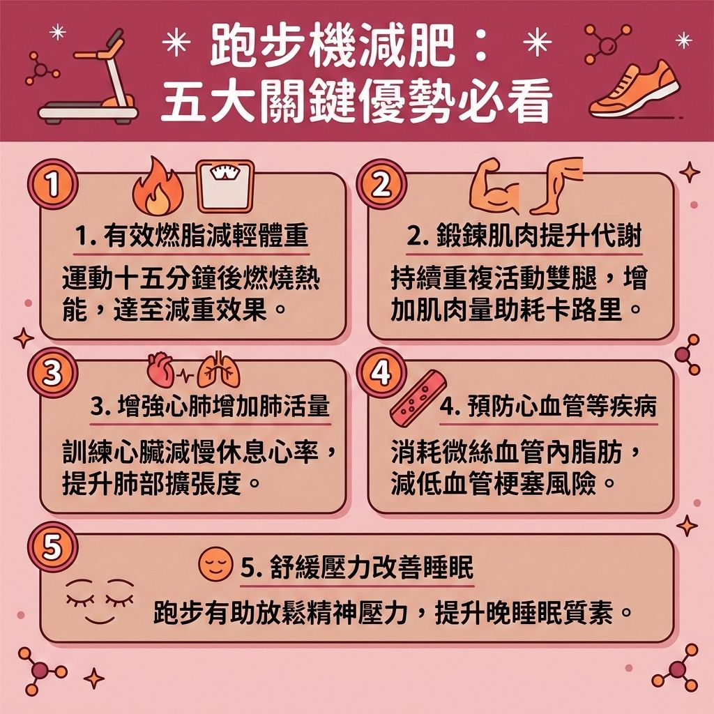 這是一張 1:1 正方形的扁平化向量資訊圖表插畫，採用指定的可愛、具教育性與醫美感的台灣健康部落格懶人包風格。頂部有醒目標題「跑步機減肥：五大關鍵優勢必看」。底部完全統一為背景色 #F4C2C2，沒有任何多餘文字。

圖表詳細介紹了最熱門的跑步機減肥方法與有效消脂運動。作為一種高效的跑步機訓練與有氧運動，能大幅促進整體新陳代謝。在開始跑步前，做好跑前熱身運動能保護膝蓋關節，結束後也應進行跑後拉筋伸展。

運動過程中，您可以調整坡度與速度，特別是調節坡度消脂並融入高強度間歇訓練，同時將心跳率控制在理想的控制心跳區間，能更有效地消耗卡路里。長期跑步不僅能強化核心肌群、增加腿部肌肉量，還能全面提升基礎代謝與整體的基礎代謝率。這對燃燒深層脂肪、擊退頑固的皮下脂肪、內臟脂肪以及脂肪細胞至關重要，是極佳的減大肚腩方法與消除腹部贅肉策略。此外，跑步機訓練還能幫您突破減肥停滯期，大幅降低體脂比例與體脂率，完美預防脂肪積聚，輕鬆打造易瘦體質。

除了運動，配合控制碳水化合物、攝取優質蛋白質與膳食纖維的健康減重餐單也十分重要。若追求更顯著、更精準的體態雕塑，可以結合醫學美容的無創減脂技術與局部減脂療程，透過專業的溶脂科技進行醫美定位修形，能更高效地為您塑造緊緻線條。