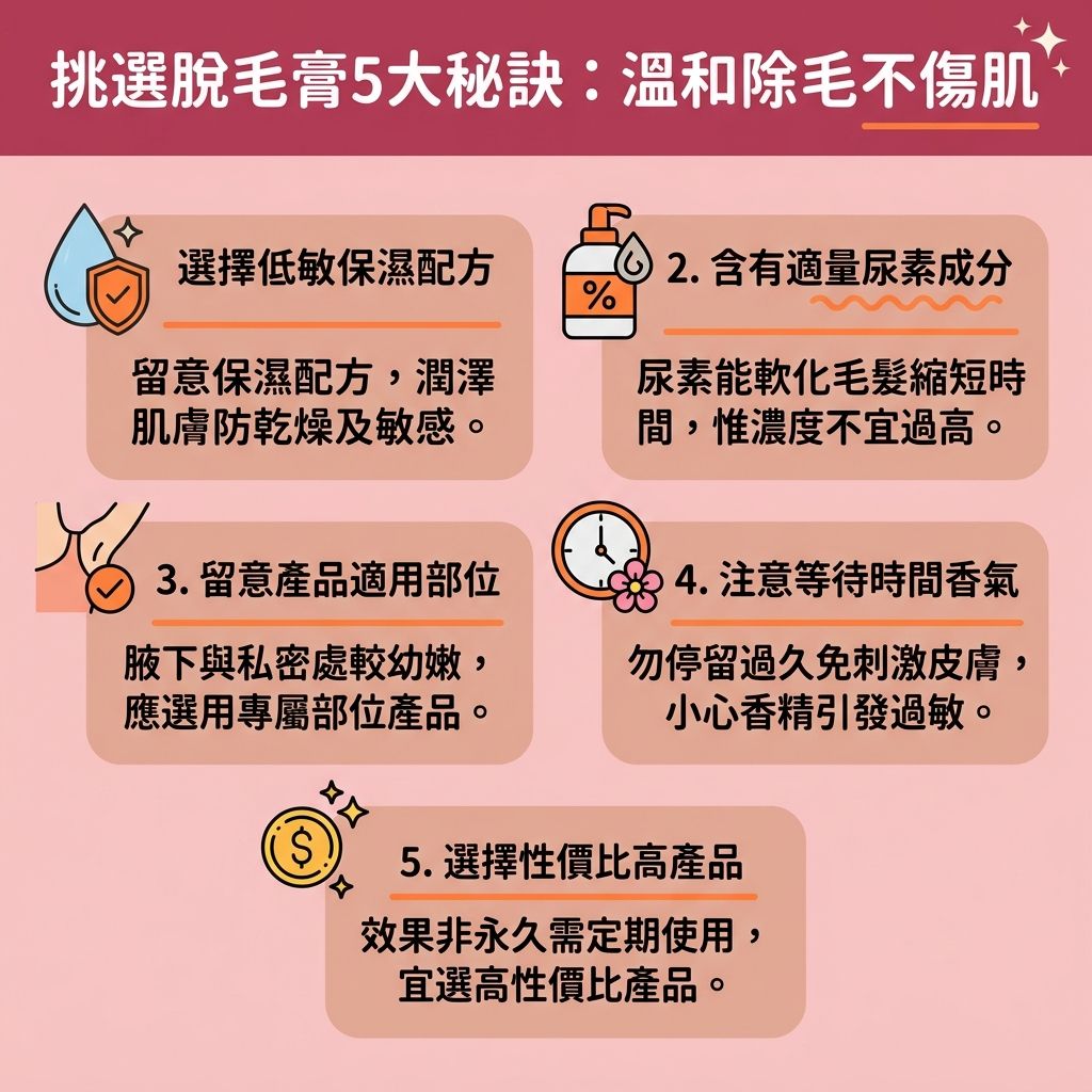 這是一張台灣健康部落格風格的 1:1 正方形資訊圖表，詳細圖解【脫毛膏正確用法】與【溫和脫毛方法】。許多人為了去除【面毛】、【汗毛】或【腋下】毛髮，會使用【剃刀】、【鑷子】或【蜜蠟】，但常引發【拔毛後遺症】，導致【毛孔】粗大與【角質】受損。

使用【脫毛膏】雖然方便，但其中的【化學物質】會溶解【毛髮】的【蛋白質】，容易造成【化學成分致敏】與【脫毛膏副作用】，流失【水分】並引發【炎症】及【黑色素】沉澱。為了【避免皮膚灼傷】並【修復受損屏障】，【敏感肌】應參考圖中的【敏感肌脫毛推薦】。

在進行【腋下脫毛步驟】或【面部脫毛注意】事項時，需【軟化老化角質】，並做好【脫毛後護理保養】，以【舒緩脫毛紅腫】、【解決毛囊發炎】、【改善皮膚粗糙】及【減少色素沉澱】。若想【預防毛髮倒生】並保護【皮膚】與【毛囊】，建議諮詢專業【醫生】，選擇【無痛激光脫毛】或專業的【激光脫毛療程】。透過【激光】技術，不僅能達到【永久脫毛效果】，更能徹底解決毛髮困擾。