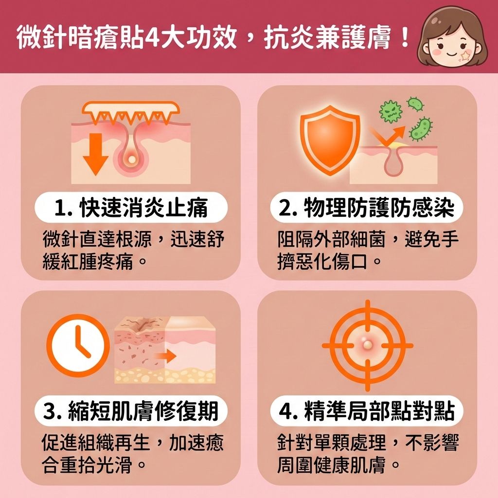 這是一張台灣健康部落格風格的正方形醫美資訊圖表，介紹微針暗瘡貼與一般暗瘡貼的四大神奇功效。圖中顯示當皮脂腺失控分泌過多油脂，混合過厚的角質層，會導致毛孔嚴重堵塞，形成黑頭、粉刺、閉口甚至紅腫痛的石頭瘡。

透過圖解，我們可以看到帶有微針的貼片如何深層滲透肌底，將含有水楊酸、茶樹油或積雪草等成分的護膚品精華精準注入。這不僅能溶解堆積油脂、去除老廢角質與疏通堵塞毛孔，還能吸附多餘分泌，達到褪紅消炎鎮靜與舒緩紅腫發炎的效果，從而加速暗瘡代謝。

同時，貼片能阻隔外界細菌，提醒使用者絕對要避免過度擠壓，這能保護脆弱的皮膚屏障，發揮修復受損屏障的作用。日常護理需注意溫和潔淨肌膚，以控制油脂分泌與調節水油平衡，這有助於改善粗糙膚質、減少黑頭粉刺並預防暗瘡形成。若情況未見改善，圖表建議諮詢專業皮膚科醫生。圖表底部特別推薦香港專業醫學美容品牌完美醫療的激光去印療程與皇牌「暗瘡分手療程」，助大家實現長效預防復發的健康無瑕美肌！