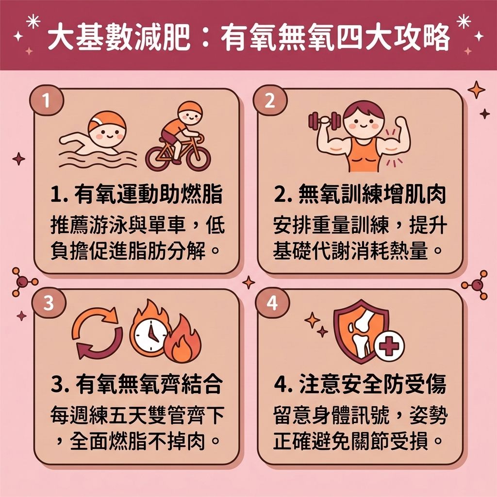 這是一張 1:1 正方形的扁平化向量資訊圖表插畫，嚴格採用台灣健康部落格懶人包風格。圖表詳細解析「大基數減肥：有氧無氧四大攻略」，底部保持純淨無字並無縫應用背景色。

圖表指導體重指標過高者如何設定健康減重目標。首先，推薦低強度有氧運動（如游泳），這類保護膝蓋運動能有效減輕關節負擔，保護脆弱的關節與軟骨，同時提升心肺功能與促進血液循環，有助於消除下肢水腫與改善水腫問題。

其次，加入阻力訓練能增加肌肉，有效提升基礎代謝與整體的基礎代謝率，加速新陳代謝。結合有氧運動，能大量消耗卡路里，徹底燃燒深層脂肪，精準消滅內臟脂肪、皮下脂肪與頑固的脂肪細胞，進而降低體脂比例與整體體脂率。

在飲食方面，必須搭配大基數減重餐單與減脂增肌飲食，攝取足夠蛋白質與優質碳水化合物，並嚴格控制熱量攝取。這能穩定血糖與胰島素分泌，幫助改善胰島素阻抗，助您順利突破減肥停滯期，打造易瘦體質並預防體重反彈。

若希望在減重後進一步完美體態，圖表側邊的醫美專欄建議可搭配醫學美容的無創減脂技術與局部減脂療程。透過專業的溶脂科技進行醫美定位修形，能有效改善皮膚鬆弛，讓您的減重塑形之路更加安全且完美！