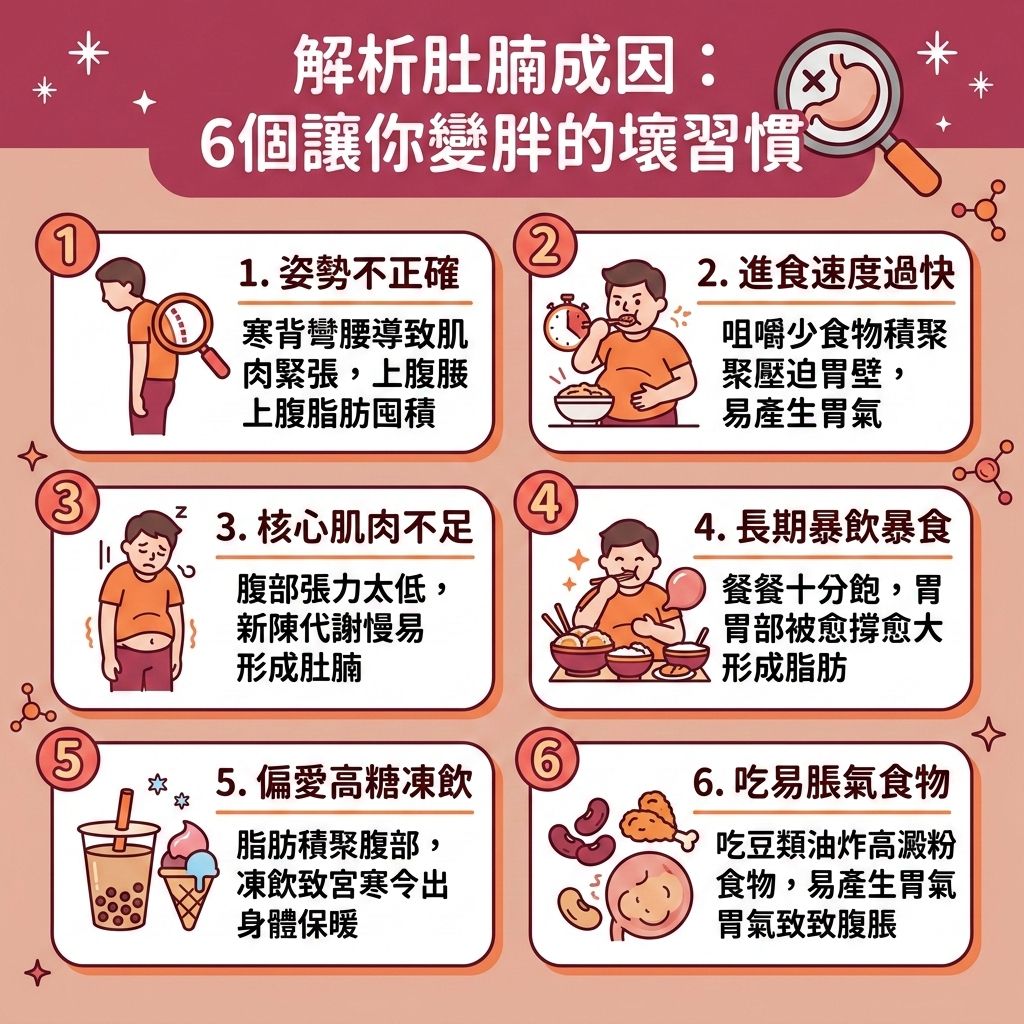 這是一張 1:1 正方形的扁平化向量資訊圖表插畫，設計風格可愛、具教育性且帶有醫美感，排版類似台灣健康部落格資訊格，頂部有醒目標題「解析肚腩成因：6個讓你變胖的壞習慣」。

圖表詳細分析了肚腩（包含皮下脂肪與內臟脂肪）形成的不同階段與壞習慣。針對肚腩形成後產生的許多美觀問題，圖表以吸晴的方式融合了預防與改善資訊。

畫面左側與右側裝飾小資訊列出了許多與皮膚紋路相關的醫美觀點，連結壞習慣導致的後果。圖表探討肥胖紋成因與壞習慣有關，例如體重急速變化（如體重暴增）會撐破真皮層的膠原蛋白與彈性纖維，導致脂肪細胞在腹部、大腿與臀部快速增加，形成肥胖紋、妊娠紋與生長紋。畫面上提示了預防肥胖紋產生並尋找消除肥胖紋方法的重要性，特別是伴隨橘皮組織的改善凹凸不平皮膚表面。

畫面下方融合了預防壞習慣的健康觀念元素：代表基礎代謝率、有氧運動（如使用跑步機的人物）以及健康鮮榨的蔬果汁。

針對壞習慣產生的贅肉與皮膚問題，圖表側邊小欄位提及了專業的醫學美容是最佳的醫美定位修形建議！透過許多無創去紋療程（如激光或射頻技術）深入刺激真皮層修復與恢復皮膚彈性，有效為您淡化生長紋、改善皮膚鬆弛、解決減肥皮膚鬆弛並恢復皮膚彈性。配合能燃燒深層脂肪的局部減脂療程與專業溶脂技術，可達到消除腹部贅肉、提升基礎代謝與整體的基礎代謝率，進一步加速新陳代謝並打造易瘦體質。若再搭配適合的產後修身療程，不僅能為您有效去紋，更能緊緻身體線條、降低體脂比例與體脂率，燃燒深層脂肪，全方位重拾平滑美肌！
