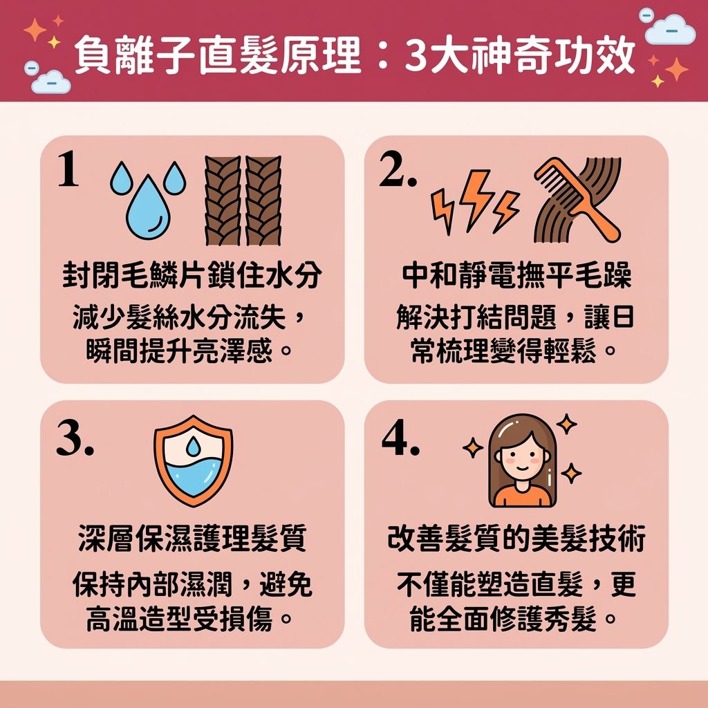 這是一張 1:1 扁平化醫美資訊圖表，介紹【專業離子燙技術】與【負離子】直髮原理。圖中顯示，【離子燙】過程中使用【夾板】與特定【溫度】的【陶瓷】面板，若配合不當的【藥水】，會破壞頭髮【結構】，導致【髮根】與【髮絲】流失【蛋白質】、【角蛋白】與【水分】。這可能引起【頭皮】的【皮脂腺】異常，甚至引發【脫髮】，因此需特別注意以【避免牽引性脫髮】。

透過釋放負離子，能【閉合毛鱗片】與【撫平毛鱗片】，全面保護脆弱的【毛鱗片】。這不僅能【減少熱力傷害】、【降低藥水刺激】，更能【修復受損髮質】、【鞏固頭髮結構】及【改善天生鬈髮】。日常配合溫和的【洗頭水】與【護髮素】進行【燙後頭髮護理】與【鎖水保濕護理】。

這些步驟能深層保護【毛囊】，【滋潤乾燥髮尾】（修護【髮尾】），並【舒緩頭皮敏感】與【改善髮質粗糙】。最終能【防止頭髮斷裂】、【減少頭髮打結】、【提升髮絲彈性】、【改善頭髮毛躁】。讓【直髮效果持久】，並大幅【增加頭髮光澤】！