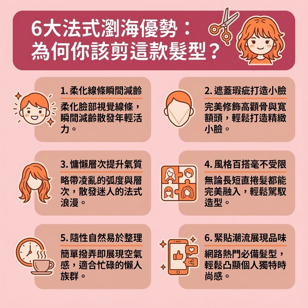 這是一張台灣健康部落格風格的 1:1 資訊圖表，詳細介紹顯瘦減齡瀏海推薦——法式瀏海。許多人好奇法式瀏海適合臉型有哪些？圖表分析了圓臉、方臉與長臉的特徵，說明這款髮型如何透過優雅的弧度與層次來修飾臉型。相比於韓系法式瀏海對比，或是探討法式瀏海空氣瀏海差異及法式瀏海八字瀏海分別，法式瀏海更能有效隱藏寬額頭瀏海（完美遮蔽寬大的額頭），並作為最佳的修飾高顴骨髮型與修飾咀嚼肌髮型，完美柔化顴骨與下巴線條，是極佳的圓臉顯瘦法式瀏海。

這本慵懶風髮型圖鑑不僅提供法式瀏海剪法教學與法式瀏海自己剪的建議，還分享了實用的法式瀏海整理技巧與法式瀏海定型方法。無論是法式瀏海長髮造型還是法式瀏海短髮搭配，搭配捲髮或直髮都能完美契合。對於惱人的法式瀏海過渡期整理，圖表教你如何運用直髮夾整理瀏海，搭配適當的髮量與輕盈髮絲，並增加髮根蓬鬆度（撐起髮根）。此外也提到了法式瀏海燙髮效果，讓你不用特地去髮廊也能輕鬆完成百搭造型，無論是空氣瀏海還是八字瀏海的愛好者都能輕鬆駕馭。