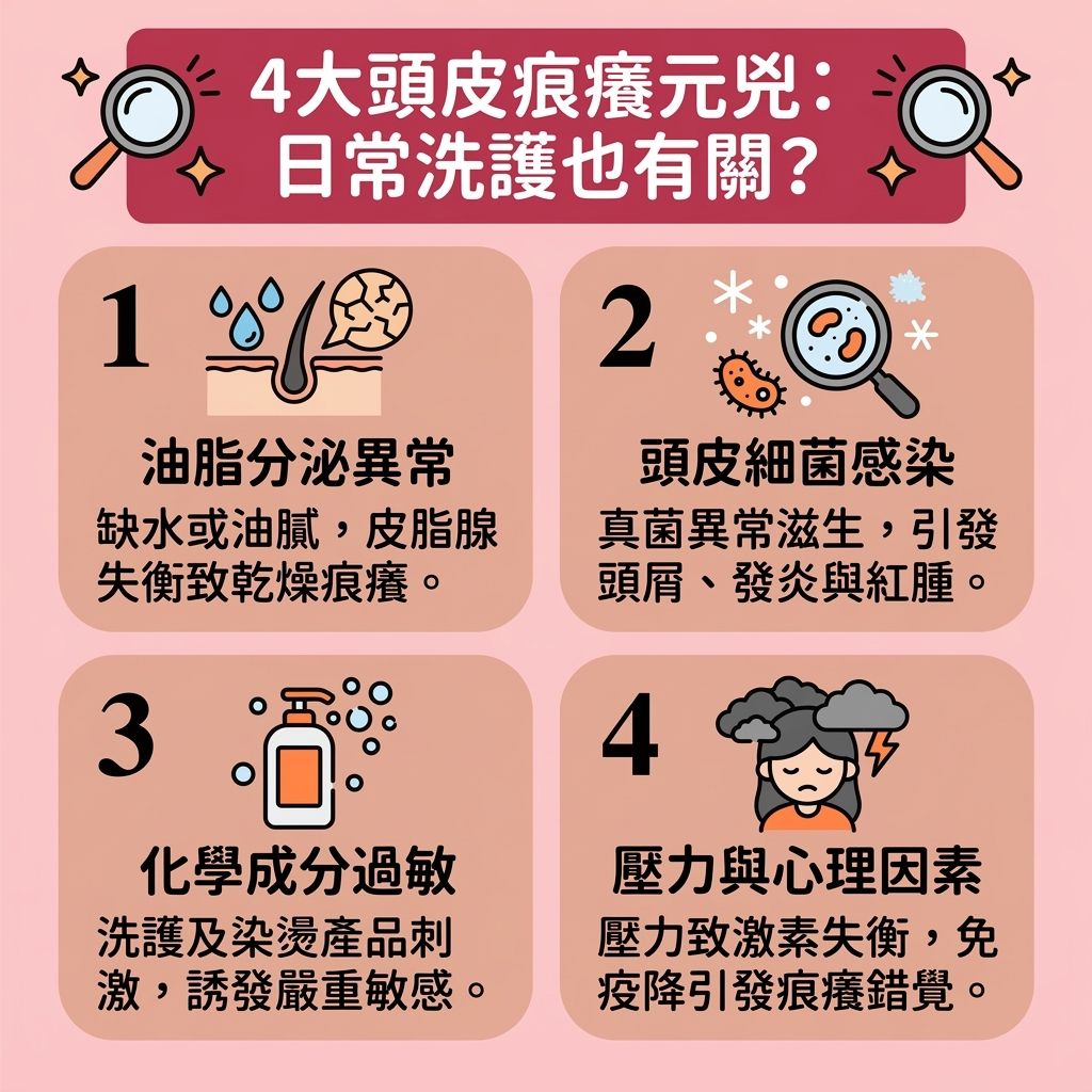 這是一張 1:1 扁平化醫美資訊圖表，教導大家【正確洗頭方法】與【日常頭皮護理】。當面對【氣候】轉變或【壓力】大時，【免疫系統】與【荷爾蒙】容易失調，導致【皮脂腺】分泌過多【油脂】，缺乏【水分】並破壞【角質層】。這會引發【頭皮】與深層【毛囊】【敏感】及【紅腫】，甚至滋生【真菌】，引發【濕疹】、【皮膚炎】與【頭皮屑】，最終導致嚴重【脫髮】，損害脆弱的【髮絲】。

為了【舒緩頭皮痕癢】與【解決頭皮乾燥】，必須【改善頭皮環境】。日常應選擇溫和的【洗頭水】與【護髮素】，並注意【降低洗頭水溫】。這樣能【溫和清潔頭皮】、【深層清潔毛孔】，有效【控制油脂分泌】並【保持水油平衡】，同時【避免過度清潔】。

這套護理具有【抗菌消炎作用】，能【減少頭皮屑】、【預防毛囊發炎】及【修復受損屏障】。若出現嚴重狀況，應及早【尋求專業治療】以【治療脂漏性皮炎】。配合【改善睡眠質素】，能進一步【舒緩頭皮敏感】，全面【預防異常脫髮】！