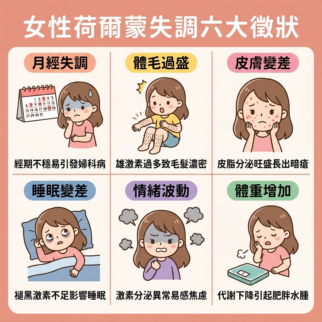 這是一張正方形 1:1 的現代醫療健康資訊圖表（Infographic），採用扁平化設計（Flat design）及帶有日系/台系可愛卡通感的 2D 向量插畫風格。背景採用純色且簡單的柔和色系 #E5B1A1，版面以彈性網格排版，用淺色直線清晰地劃分為 6 個整齊的方格區塊。圖表全面解析女性【荷爾蒙】與【內分泌】失調的六大徵狀。
第一格「月經失調」，插畫顯示女生看著日曆發愁，指出【卵巢】功能影響【雌激素】與【黃體酮】分泌，引致【月經失調】及【月經】不準，建議及早尋求【醫生】作【專業診斷】。
第二格「體毛過盛」，插圖展示女生因【內分泌失調】致【雄性激素】【分泌過剩】，出現毛髮濃密問題。
第三格「皮膚變差」，描繪臉上長滿【暗瘡】與【荷爾蒙瘡】的女生，說明異常激素會【刺激油脂】分泌，導致【皮脂腺】活躍、【水油失衡】及【阻塞毛孔】，日常需注意【規律作息】與尋求有效【療程】以【改善暗瘡】及【預防復發】，確保優良的【療程效果】。
第四格「睡眠變差」，插畫顯示女生在床上輾轉反側，因【褪黑激素】不足引致【睡眠不足】及【睡眠】質素下降，建議【減少熬夜】。
第五格「情緒波動」，插圖表現女生因【壓力】與【情緒波動】而煩躁，這與【腎上腺素】及【甲狀腺】分泌異常有關，提醒需尋找方法【舒緩壓力】。
第六格「體重增加」，女生看著體重磅嘆氣，指出【胰島素】等激素變化及【飲食不均】會減慢【新陳代謝】，引致【體重增加】。整體建議應【調理身體】、【補充營養】及注意日常【飲食】，以【促進代謝】。每一格頂部都有底色膠囊形小標題，中央配有手繪人物風格專屬插圖。整體排版具教育性醫美感，設計整潔，且圖片下方絕無添加特定品牌字眼。
