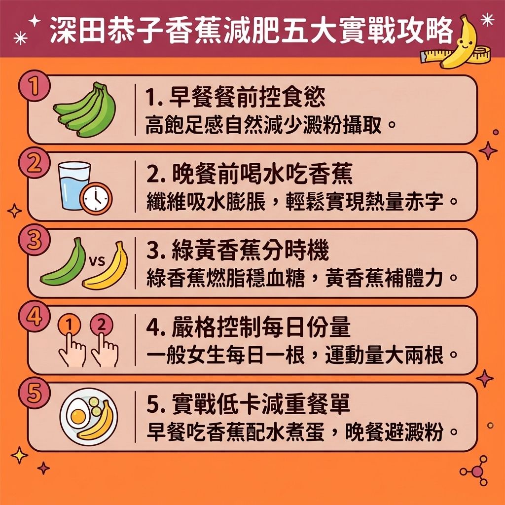 這是一張 1:1 正方形的扁平化向量資訊圖表插畫，嚴格採用台灣健康部落格懶人包風格。圖表以可愛、具教育性與醫美感的方式解析「深田恭子香蕉減肥五大實戰攻略」，底部保持純淨無字並無縫應用背景色。

圖表詳細解析「香蕉減肥法」，教導如何透過早餐吃香蕉來建立健康減重餐單與改善飲食習慣。香蕉富含抗性澱粉與水溶性纖維，能增加飽足感並延長飽足時間，幫助控制熱量攝取以減少多餘卡路里。這有助於穩定血糖水平，避免血糖與胰島素劇烈波動。

豐富的纖維能滋養腸道益生菌，維持消化系統健康，促進腸胃蠕動並達成排毒清腸宿便。香蕉中的鉀離子與豐富維他命能改善水腫，有效消除下肢水腫。此外，香蕉還能促進血清素與褪黑激素分泌，幫助提升睡眠質素。

正確執行能提升基礎代謝與整體的基礎代謝率，加速新陳代謝。持續進行能精準燃燒深層脂肪，消滅皮下脂肪、內臟脂肪與頑固的脂肪細胞。這能減少脂肪囤積，大幅降低體脂比例與體脂率，助您順利突破減肥停滯期，輕鬆打造易瘦體質。

若追求更極致的體態，圖表側邊醫美專區建議結合醫學美容的無創減脂技術與局部減脂療程。透過先進的溶脂科技進行醫美定位修形，為您全方位雕塑完美健康身形！