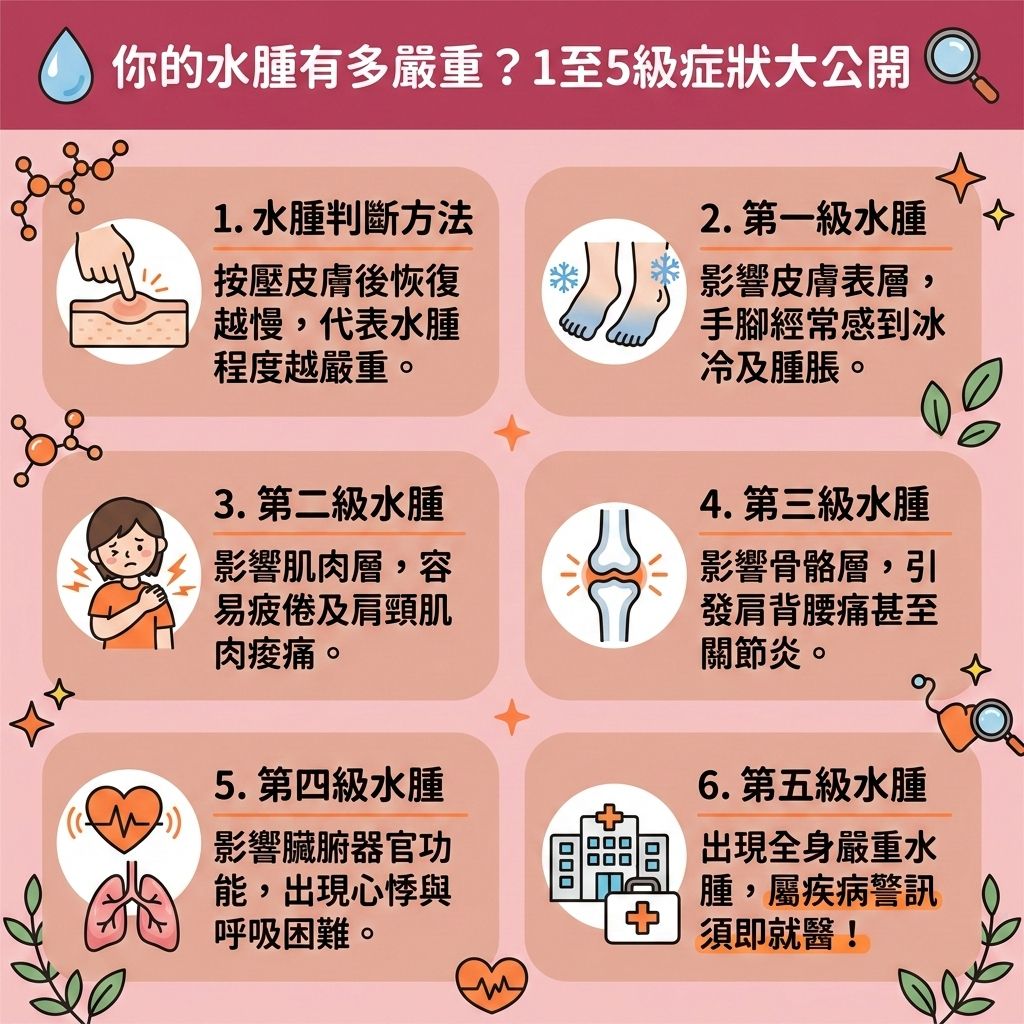 這是一張台灣健康部落格風格的 1:1 正方形資訊圖表，詳細解析了五個等級的水腫症狀。許多人深受體內濕氣困擾，導致體重增加與早上臉部浮腫。若想學習消除水腫方法與快速消腫秘訣，並解決水腫型肥胖，我們必須先了解自己的水腫程度。不論是孕婦去水腫、舒緩經期水腫或是改善下半身水腫，正確補充水分與減少鈉質攝取（控制鈉質）都至關重要。

飲食方面，建議參考排水腫食物推薦與高鉀食物名單，攝取富含鉀質與膳食纖維的食材，例如冬瓜、香蕉，或利用薏米與紅豆製作去濕湯水食譜。此外，適量飲用咖啡與綠茶也能提升新陳代謝（促進新陳代謝）、活化淋巴系統以促進淋巴排毒，進而排走體內毒素與改善血液循環（促進血液循環）。

若您長期受肥胖困擾，想進一步預防脂肪積聚、減少頑固脂肪、改善中央肥胖，除了飲食調理外，也可以考慮醫學美容的輔助。香港完美醫療提供專業的無創減脂療程與專屬瘦身方案。透過先進的溶脂科技進行精準的醫美定位修形，能安全有效地為您重塑輕盈健康的完美體態！