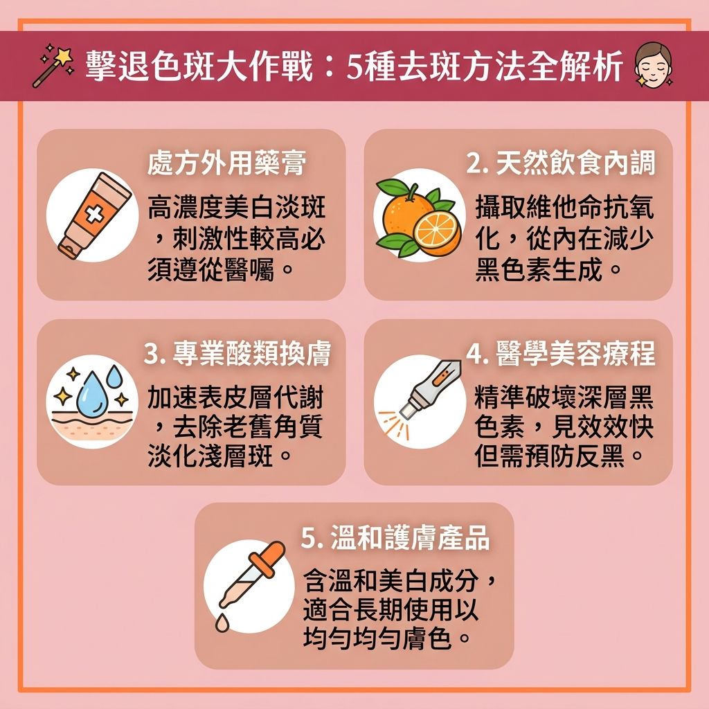 這是一張台灣健康部落格風格的 1:1 正方形扁平化資訊圖表，詳細解說5種【淡化色斑】的方法。當【黑色素細胞】受刺激，會導致【表皮層】及【真皮層】積聚過多【黑色素】，形成各種【色斑】（如【雀斑】、【太陽斑】、【黃褐斑】、【荷爾蒙斑】與【老人斑】）。

為了【解決色素沉澱】與【改善膚色不均】，日常可使用富含【傳明酸】、【煙酰胺】與【熊果素】的【護膚品】及【美白精華】。這些成分能【抑制酪氨酸酶】、【阻截黑色素】生成，達到【提亮膚色】與【均勻膚色】的效果。搭配【果酸】可【去除老廢角質】以【促進新陳代謝】。外出時必須塗抹【防曬霜】並採取【物理防曬方法】，幫助肌膚【抵抗自由基】，從根本上【預防色素沉澱】及【防止肌膚老化】。

若想快速【改善暗沉肌膚】，專業的【去斑療程推薦】是極佳選擇，例如【皮秒激光】等【美白去斑療程】。其優異的【激光去斑效果】能精準【擊碎深層黑色素】，並【刺激膠原增生】（補充流失的【膠原蛋白】），最終達到【修復受損肌膚】的完美狀態。