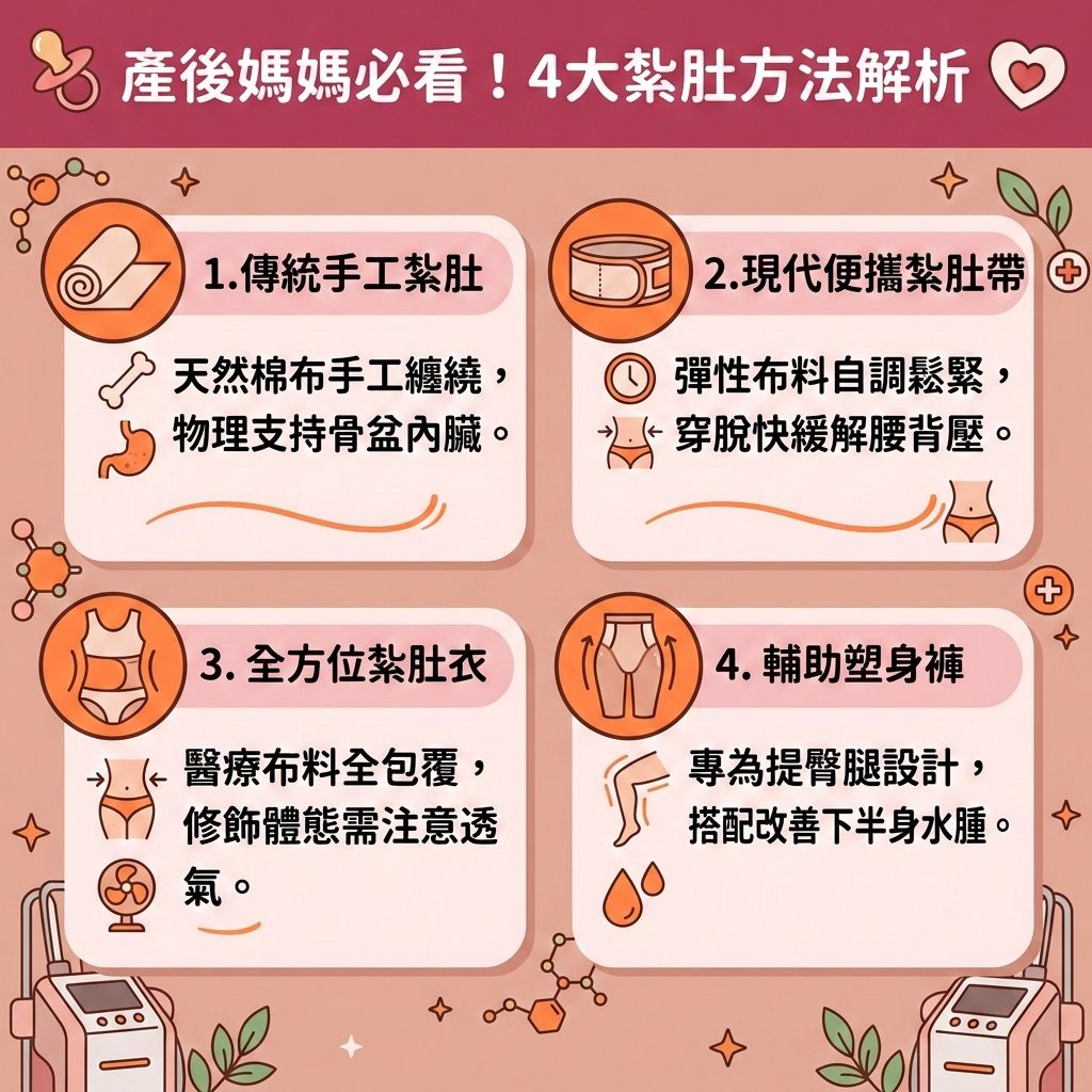 這是一張台灣健康部落格風格的 1:1 正方形資訊圖表，介紹四大紮肚方法。對於剛經歷順產或剖腹產的產婦來說，把握紮肚黃金期進行產後修身（產後媽媽瘦身）非常重要。圖表分為四個區塊，展示了傳統紮肚與現代束腹帶的差異。

正確的紮肚能幫助內臟復位（保護內臟），促進子宮收縮以利子宮恢復，並排清體內惡露（排出惡露）。在骨骼與肌肉層面，它有助於產後盆骨修復，解決骨盆（盆骨）擴張與改善骨盆前傾，同時提供舒緩腰背痛楚的效果。

針對腹部問題，紮肚能達到良好的古法紮肚效果，修復受損的腹白線與核心肌群，實現完美的腹直肌分離改善（修復腹直肌）。這不僅能緊緻鬆弛肚皮、減淡腹部紋理（淡化妊娠紋），更能消除腰腹贅肉、減走肚腩，從而收緊腹部線條並解決中央肥胖。此外，強化骨盆底肌也能改善尿滲問題。

若想進一步降低體脂率並恢復產前體態，除了物理性的紮肚，圖表底部也建議可搭配醫學美容的輔助。香港完美醫療提供專業的療程與專屬瘦身方案。透過先進的無創減脂療程進行醫美定位修形，能安全有效地為產後媽媽重塑迷人曲線！