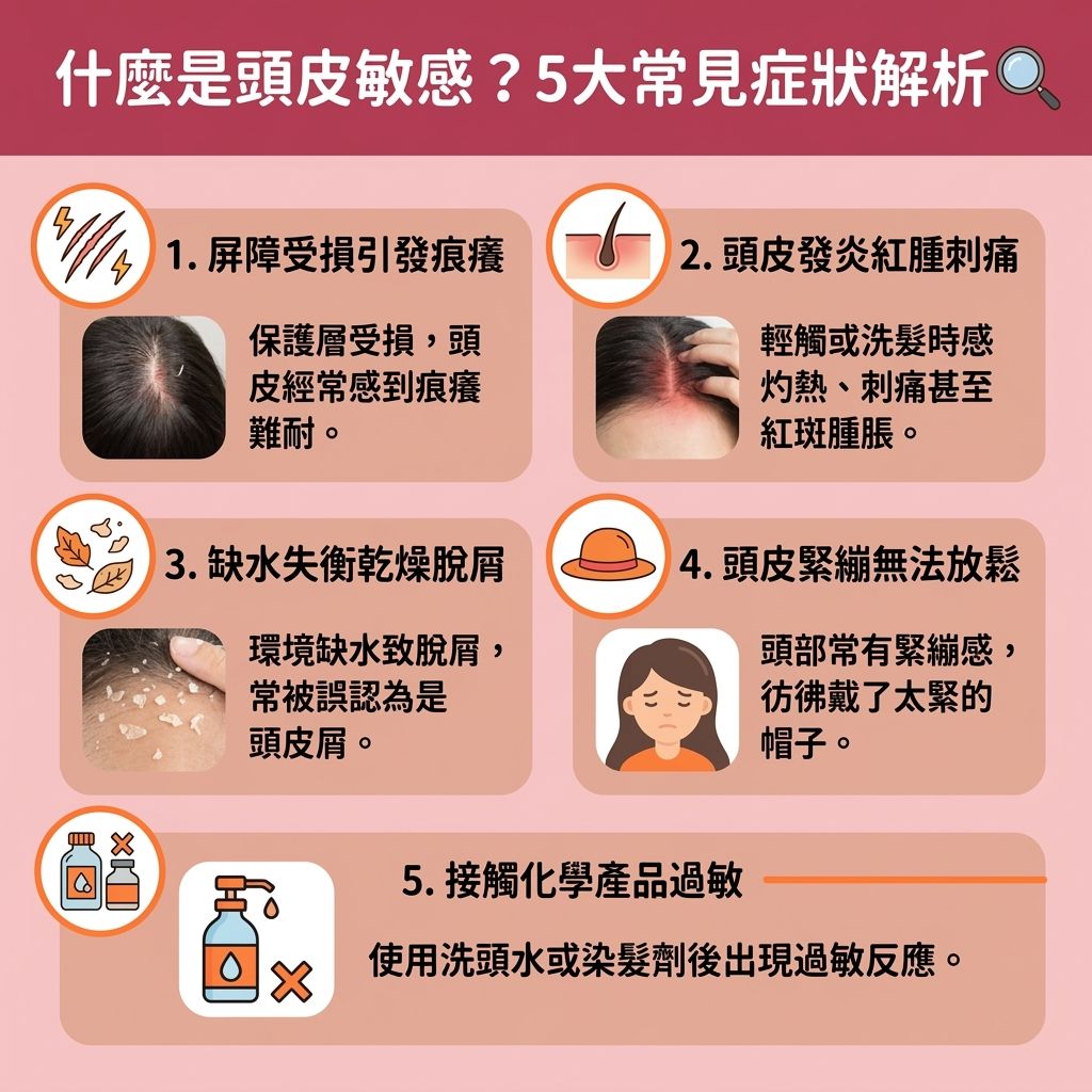 這是一張台灣健康部落格風格的 1:1 正方形資訊圖表，詳細圖解了頭皮敏感的成因與症狀。當角質層屏障受損，缺乏水分與蛋白質，加上紫外線照射或荷爾蒙與免疫系統變化，會令皮脂腺失衡，誘發濕疹、真菌與炎症。這會導致換季頭皮痕癢、舒緩頭皮緊繃的需求增加，並出現頭皮發炎紅腫甚至頭皮長暗瘡。許多敏感肌人士在使用化學染髮劑後會感到染髮後頭皮痛，嚴重更會引發頭皮敏感脫髮，進而傷害毛囊導致異常脫髮。

圖表提供了多種頭皮敏感解決方法來修復頭皮屏障。為解決頭皮屑問題與惱人的頭皮屑，除了進行適度的頭皮深層清潔與減少頭皮出油外，應參考敏感頭皮洗頭水推介與溫和洗髮水推薦，選擇優質的抗敏洗髮露及洗頭水，並搭配溫和的護髮素，以舒緩頭皮痕癢並改善頭皮乾燥。若出現嚴重的紅腫，或懷疑需要進行脂溢性皮炎治療及改善毛囊發炎，應尋求醫生的專業評估。定期進行專業的頭皮護理療程，是預防頭皮濕疹及保護健康的關鍵。