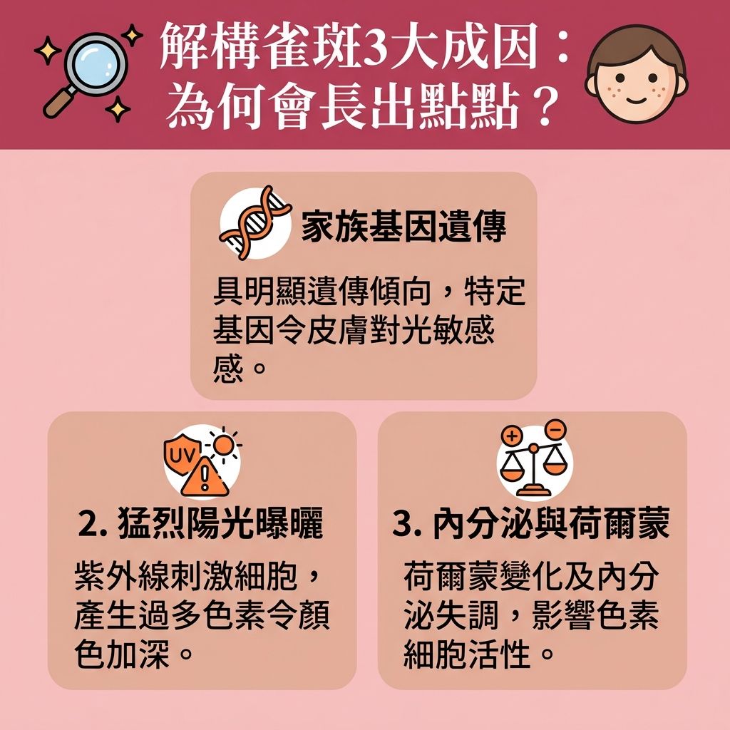 這是一張1:1正方形的台灣健康部落格風格資訊圖表，詳細解說【雀斑成因】。無論是受【基因】與【遺傳】影響的【遺傳性雀斑】，還是因為【紫外線】過度曝曬刺激【表皮層】、【真皮層】與【角質層】內的【黑色素細胞】，都會令【黑色素】大量產生，進而形成惱人的【色斑】（包括【雀斑】、【太陽斑】、【老人斑】、【荷爾蒙斑】及【黃褐斑】）。

為【預防色斑形成】與【阻截黑色素】，我們必須做好【物理防曬方法】並勤塗【防曬霜】以【抵禦光老化】。日常保養可選用含【熊果素】或【煙酰胺】的【護膚品】，幫助【抵抗自由基】、【抑制酪氨酸酶】並【促進新陳代謝】（加速【去除老廢角質】與【修復受損肌膚】）。這能有效【解決色素沉澱】、【改善暗沉肌膚】、【改善膚色不均】並【提亮膚色】。

若想徹底【淡化雀斑】，尋求專業的【美白去斑療程】如【皮秒激光】是極佳選擇。它能精準【擊碎深層黑色素】，不僅【激光去斑效果】顯著，更能【刺激膠原增生】（喚醒肌底的【膠原蛋白】），讓你重拾健康無瑕的白滑肌膚。