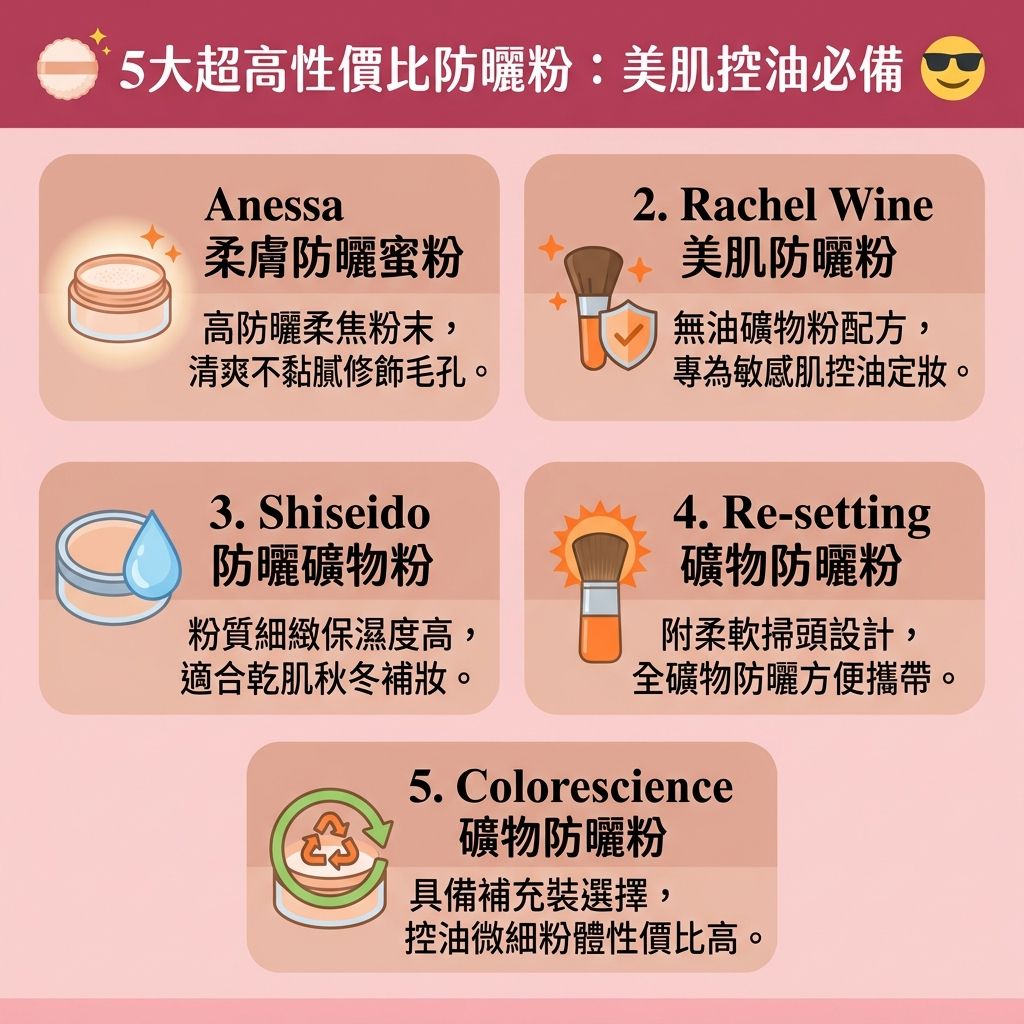 這是一張台灣健康部落格風格的 1:1 資訊圖表，詳細解說優質【化妝品】與【護膚品】中的【防曬粉】（或稱防曬【碎粉】）功效。日常護理中，單靠塗抹【防曬霜】未必足夠，尋找正確的【補防曬方法】與優良的【防曬粉推薦】至關重要。防曬粉多採用【氧化鋅】與【二氧化鈦】等天然【物理防曬成分】（屬於【物理防曬】，性質有別於【化學防曬】），能有效【阻隔紫外線】與【紫外線】的直接侵害，發揮【日常防曬】與【抵禦光老化】的作用，從而【防止肌膚老化】，保護底層【細胞】健康。

它能有效【預防黑色素沉澱】，避免【黑色素】在【角質層】過度積聚，進而【預防色斑形成】，是對抗【色斑】、【太陽斑】與【雀斑】的好幫手。對於【皮脂腺】分泌旺盛的肌膚，防曬粉能【吸附多餘油脂】，達到極佳的【控油定妝】與【減少溶妝】效果，且【不阻塞毛孔】，能視覺隱形【毛孔】並【均勻膚色】。

這種【輕薄透氣】的粉末質地特別適合帶出門作【補妝防曬】，能隨時【提升防曬力】與保持【清爽防曬】感，即使是尋求【敏感肌防曬】的人也能安心使用。最後提醒，回家後務必使用溫和的【卸妝水】進行徹底的【卸妝清潔】。若有嚴重的色素問題，建議前往專業醫美【診所】尋求醫生協助。