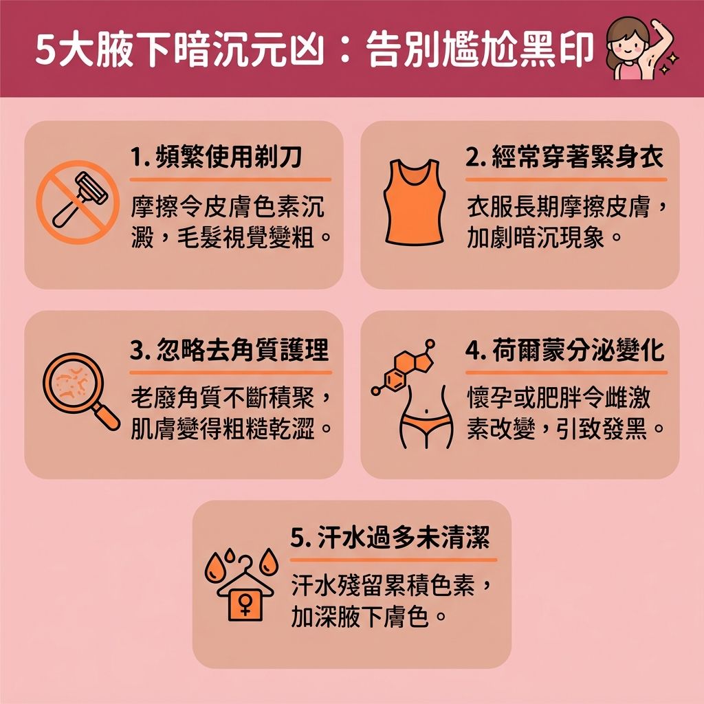 這是一張台灣健康部落格風格的資訊圖表，詳細拆解腋下變黑原因，並提供腋下美白方法與去除腋下黑印的指南。圖解指出，經常使用剃刀、鑷子、脫毛膏或蜜蠟除毛，容易引發拔毛後遺症，導致皮膚的毛囊受損、皮脂失衡及炎症，形成黑色素與色素積聚，甚至需要進行毛髮倒生處理以避免毛囊發炎。此外，汗腺分泌旺盛若未清潔，或忽略止汗劑副作用（如過度使用止汗劑），也會加劇暗沉，難以減少汗味異味。

日常的腋下保養步驟建議採用溫和去角質，使用含果酸、水楊酸或磨砂膏的美白去印產品，能有效軟化老化角質、清理死皮與角質，從而修復受損屏障、解決毛孔粗大及改善色素沉澱。

針對追求長效無瑕的人士，專業的腋下脫毛推薦選擇無痛激光脫毛。透過激光脫毛療程的激光技術，不僅能安全除毛，還能舒緩脫毛紅腫、收細腋下毛孔，讓腋下與毛孔重拾白滑光澤。