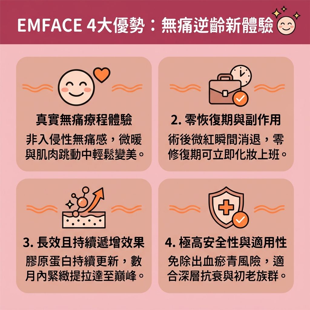 這是一張台灣健康部落格風格的 1:1 正方形扁平化資訊圖表，介紹瘦面療程推薦中的熱門儀器。它結合了高頻射頻技術（射頻）與高強度面部電刺激（電磁波），帶來極佳的醫美抗衰老與拉提緊緻效果。

這項非入侵性療程（無創拉提技術）透過特殊的探頭貼合皮膚，能深層提拉筋膜層，作用於真皮層與筋膜層，從根本改善面部鬆弛並延緩肌膚老化。它能精準進行面部肌肉鍛鍊，鍛鍊面部深層肌肉，幫助改善咀嚼肌肥大，同時減少脂肪囤積，完美消除雙下巴。

療程能有效刺激膠原增生，促使膠原蛋白與彈力蛋白再生，幫助恢復皮膚彈性。這不僅能撫平動態皺紋、解決面部的各類皺紋，還能減淡法令紋。由專業診所的合資格醫生操作此療程，能顯著提升蘋果肌（讓蘋果肌更為飽滿）、緊緻下頜線條，讓下頜線與整體輪廓更精緻立體，最終達到完美的提升面部輪廓效果。