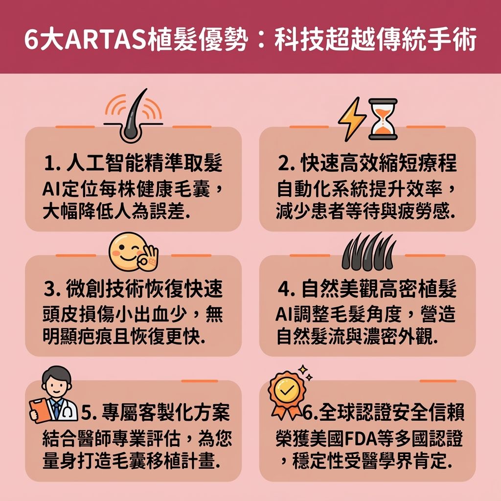 這是一張可愛風格的1:1醫美衛教資訊圖表，主題為優質的植髮中心推介，詳細展示了植髮機器人優點與各項植髮效果對比。這份指南專為面臨雄性禿與脫髮困擾的人士設計，提供解決雄性禿脫髮及髮線後移改善的科學方法，幫助重建完美髮線。

圖表說明了在專業醫生的監督下，採用先進的微創植髮技術，利用人工智能分析毛囊（結合人工智能系統）與機械臂精準取髮（透過精密機械臂），能從後枕部安全執行取髮與毛囊提取技術。這項無痕植髮療程主打微創技術，確保頭皮創傷最小化，除了能大幅降低植髮過程痛楚（搭配安全的麻醉）與減少植髮後遺症風險，更能避免留下明顯疤痕，有效縮短植髮手術恢復期與整體康復期。

高精準度的種植過程能有效縮短手術時間，並大幅提高毛囊存活率（保障毛囊的存活率）。透過系統調整，能完美控制毛髮的生長方向與密度，創造出極致的自然植髮效果，不論是大面積植髮還是局部的額角植髮都能妥善保護頭皮。圖表最後附有植髮價錢收費的參考標準，以及詳細的術後護理保養建議，幫助大眾安心找回自信。