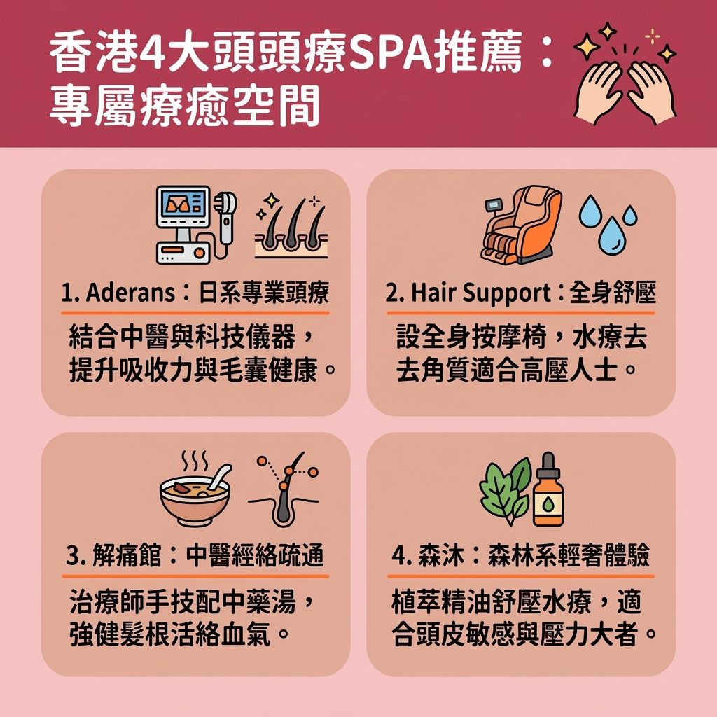 這是一張台灣健康部落格風格的 1:1 正方形資訊圖表，主題為香港頭療推介。圖表詳細介紹了四間專業的頭皮護理中心，提供多元化的舒壓放鬆療程。這些療程能有效緩解頭痛疲勞，釋放都市生活帶來的壓力，並透過頭部穴位按摩刺激穴位，幫助改善睡眠質素與減輕睡眠障礙。

療程中，專業的理療師會結合傳統中醫理論，進行中醫頭部理療與疏通頭部經絡（按摩經絡）。他們善用精油頭療功效，搭配天然精油與專業儀器進行按摩，有效舒緩頭皮敏感並延緩頭皮老化。針對皮脂腺失衡，提供頭皮深層清潔療程以淨化毛囊堵塞、清除老廢角質，這不僅是解決頭皮出油與對抗炎症的好方法，也是極佳的去頭皮屑方法，能徹底告別惱人的頭皮屑。

圖表建議日常可配合優質的洗頭水與護髮素，為頭皮與毛囊注入充足營養。透過頭皮按摩排毒能促進血液循環，發揮防脫髮護理的作用。這對改善頭髮扁塌、改善頭髮稀疏及預防異常脫髮有顯著效果。若想了解各家店的特色與合理的頭皮護理收費，這張圖表是您尋找最佳頭皮療癒空間的指南。